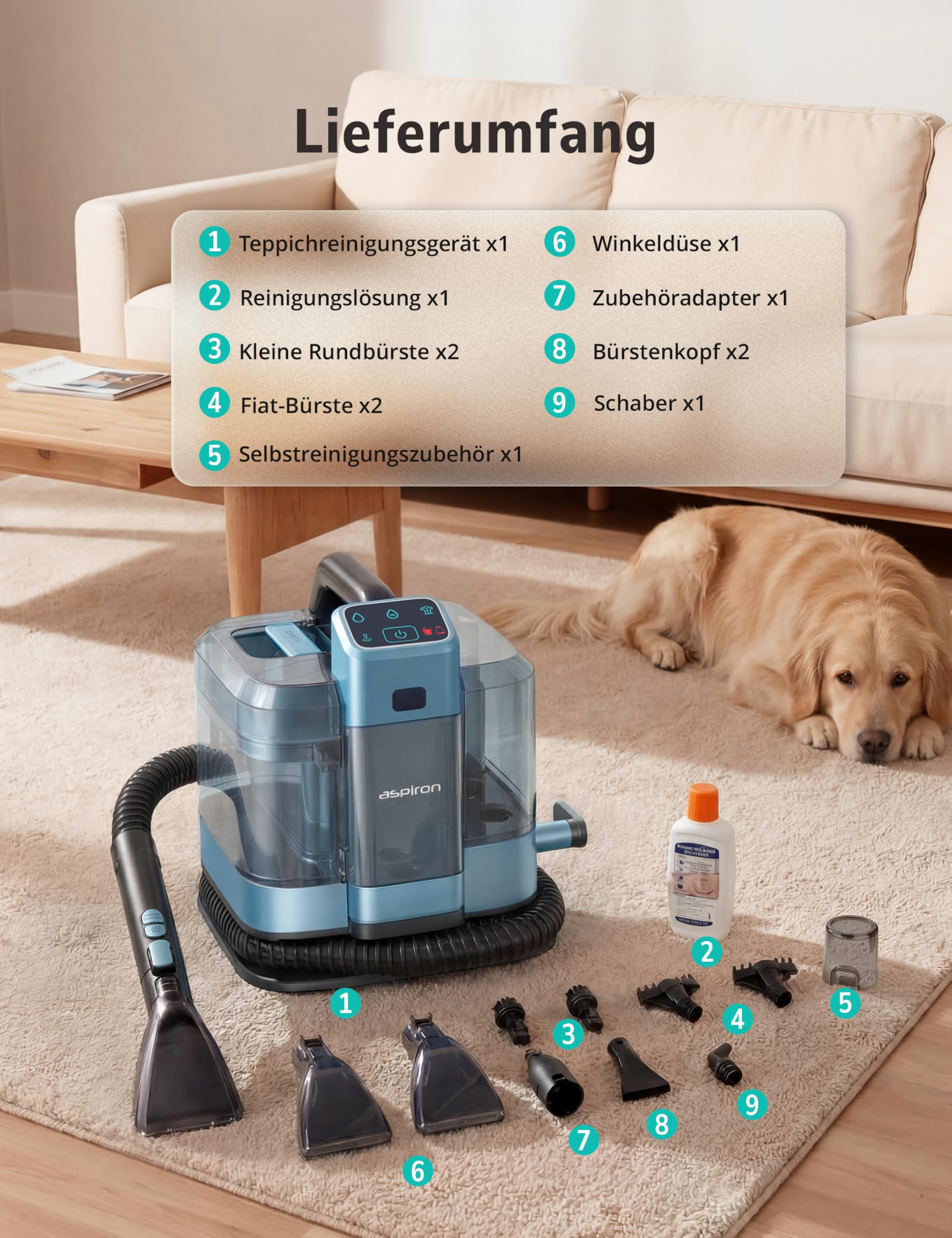 Aspiron Polsterreiniger Gerät, 3-in-1 Dampfreiniger mit Heiß-/Kaltwasser- und Dampfwäsche, 300 ML Teppichreiniger, Nasssauger für Teppich Sofa Auto Matratze, Waschsauger für Haustierbesitzer Familien