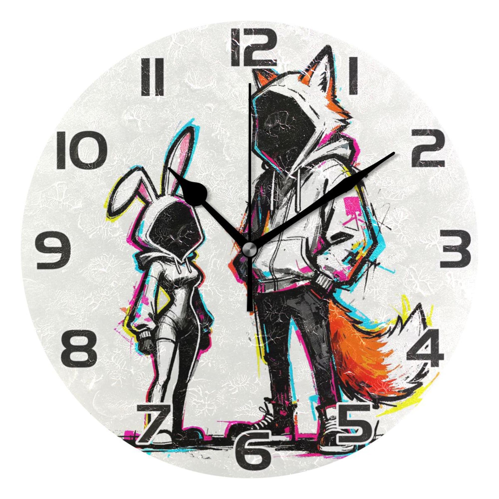 Pendule murale moderne lapin et renard pour cuisine et maison