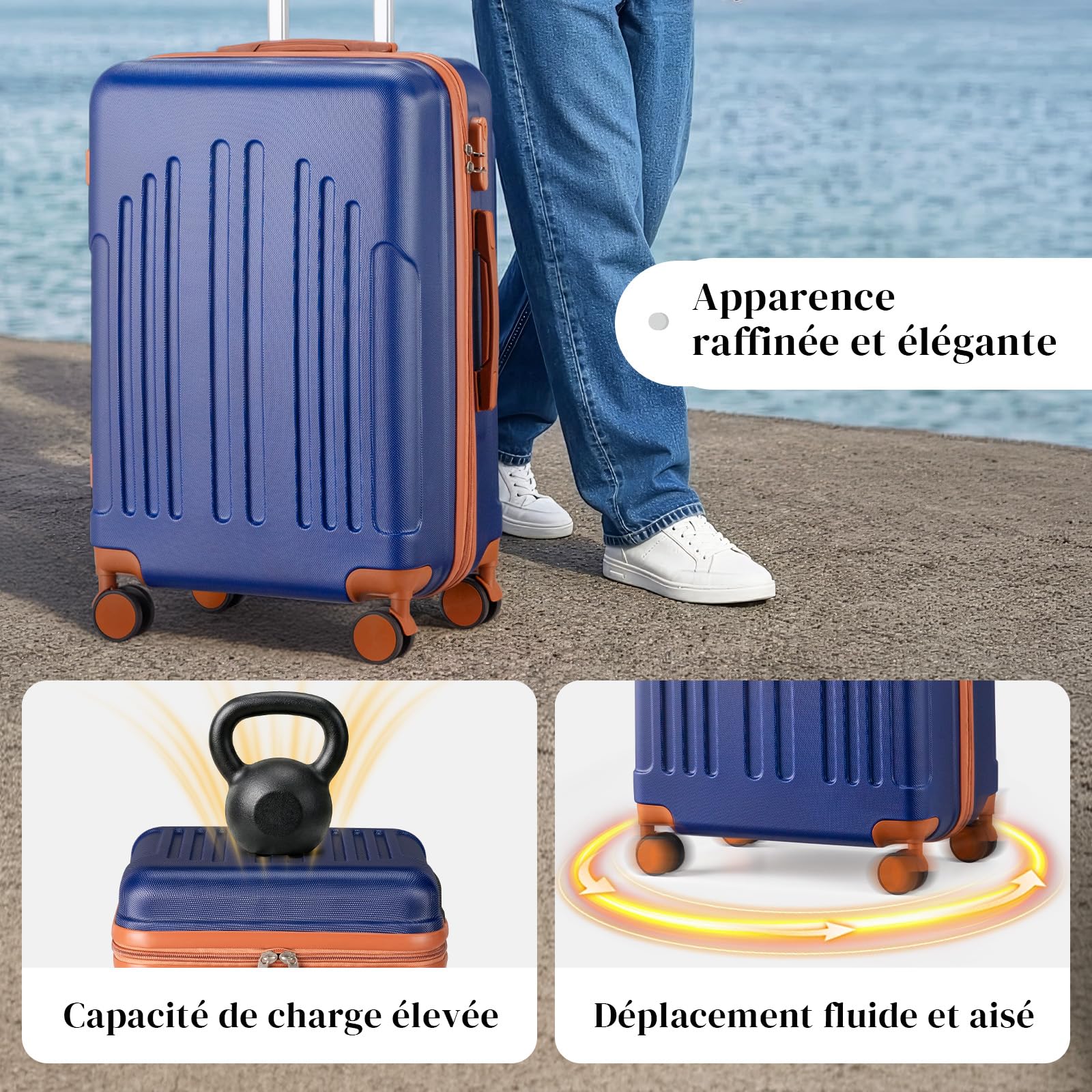 LALAHO Set de 5 Valises avec Vanity Case, Valise Grande Taille/Cabine, Petite Valise, Bagage Suitcase en ABS (Marine-Brun)