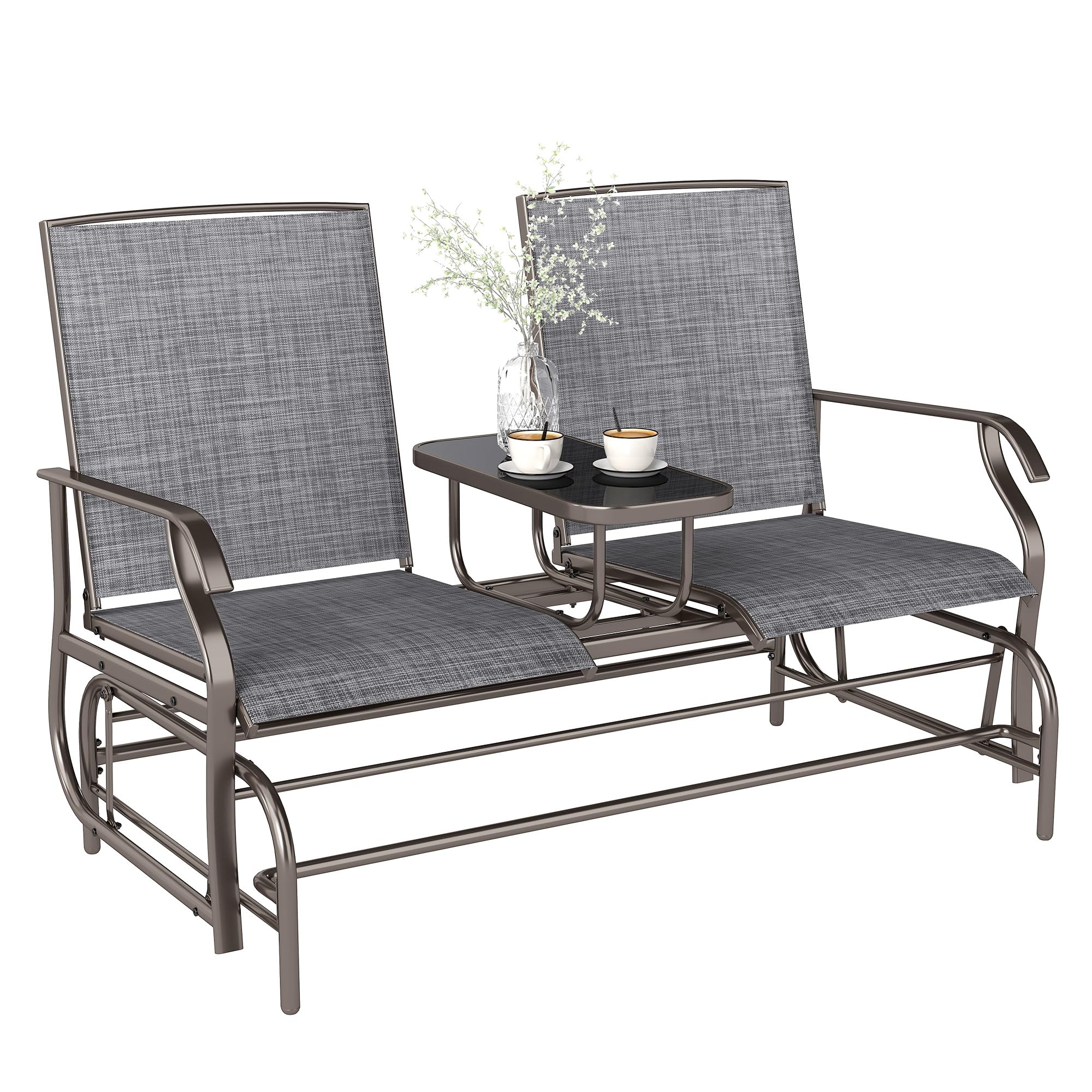 Outsunny 2 Seats Garden Glider Bench, Metal Frame Loveseat with Glass Top Centre Table, Porch Rocking Glider for 2 Person, for Deck, Patio, Brown/Grey