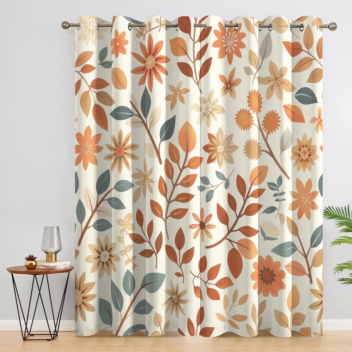 Leaf Blackout Curtains, Orange Green Blue Leaves Window Curtains & Bedroom Decor Botanical Plant Curtains for Living Room, Thermal Grommet Drapes 63 Inch Length 2 Panels Set