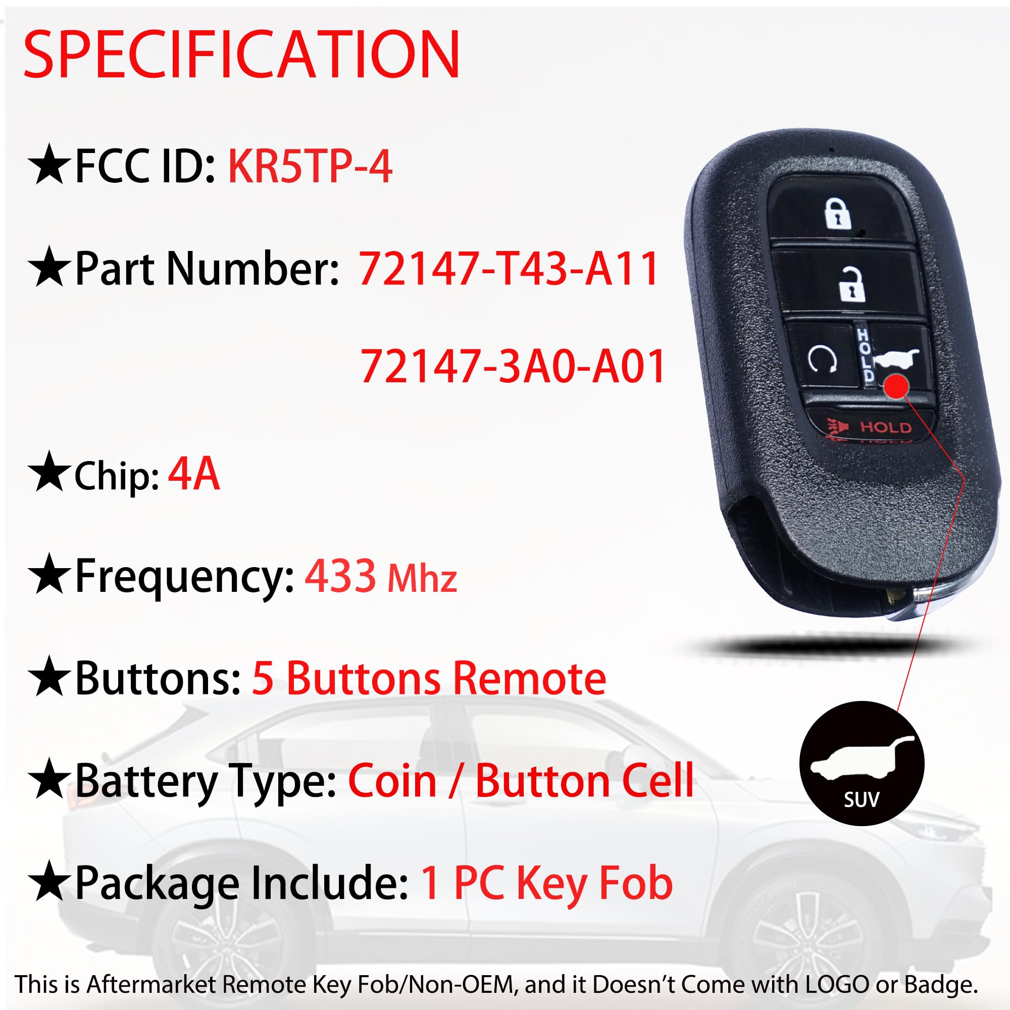 Telecomando di ricambio per telecomando intelligente compatibile con Honda CR-V Pilot HRV KR5TP-4 2023 2024 Proxy Keyless Entry Pulsante di avvio 72147-T43-A11 433 MHz