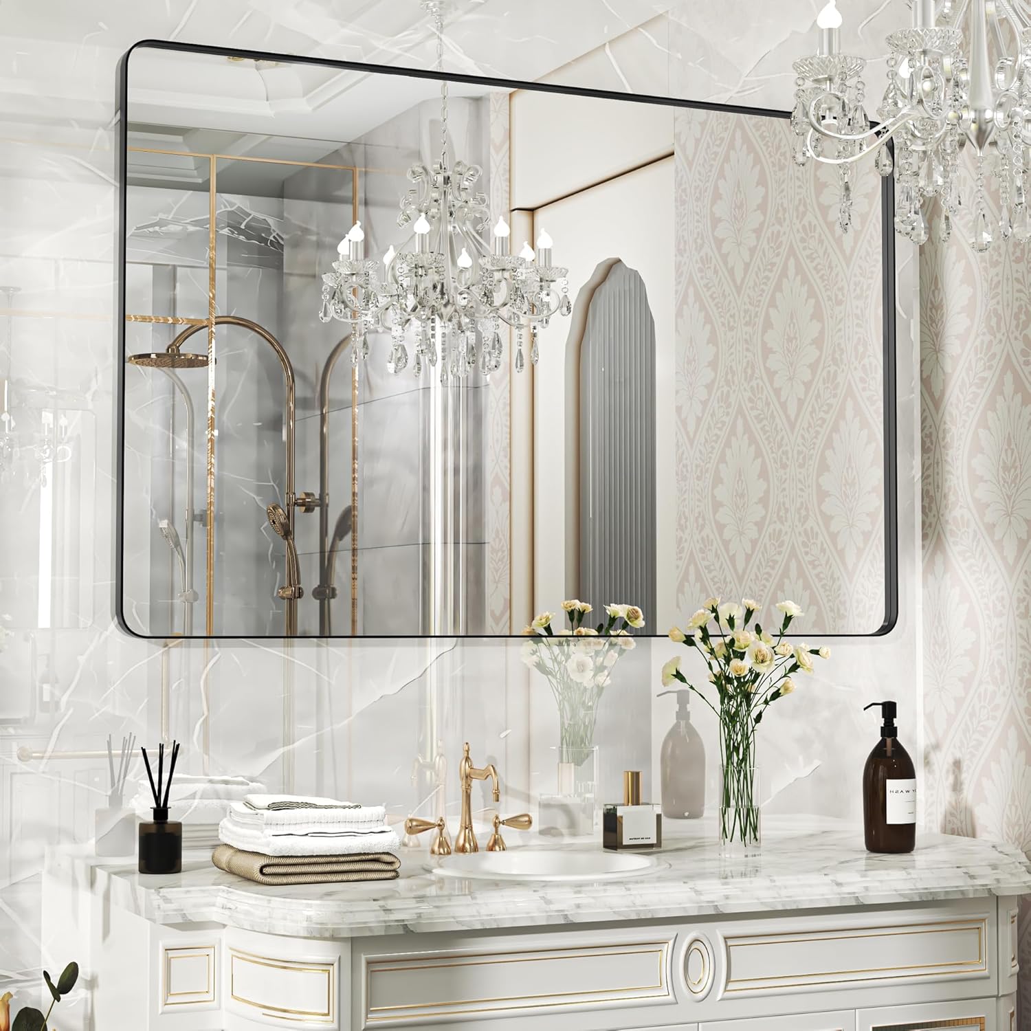 48×30 Black Bathroom Mirror, Rectangular Bathroom Vanity Mirror for Wall with Rounded Corners & Aluminum Alloy Frame, Tempered-Glass, Modern, Farmhouse, Horizontal/Vertical, Entryway, Bedroom