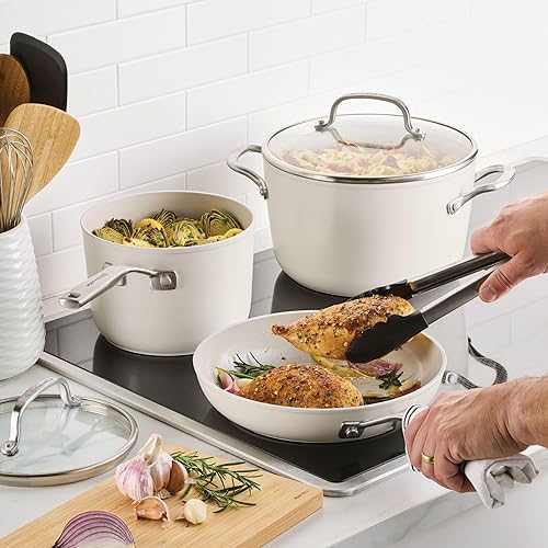 Miniatura 7 de KitchenAid Ollas y sartenes antiadherentes de inducción de cerámica anodizada dura con cacerolas, sartenes, olla y tapas, aptas para lavavajillas,