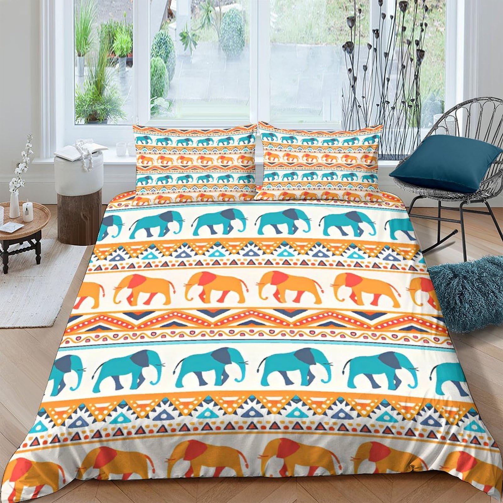 Housse de couette éléphant 200x200cm bohème en microfibre