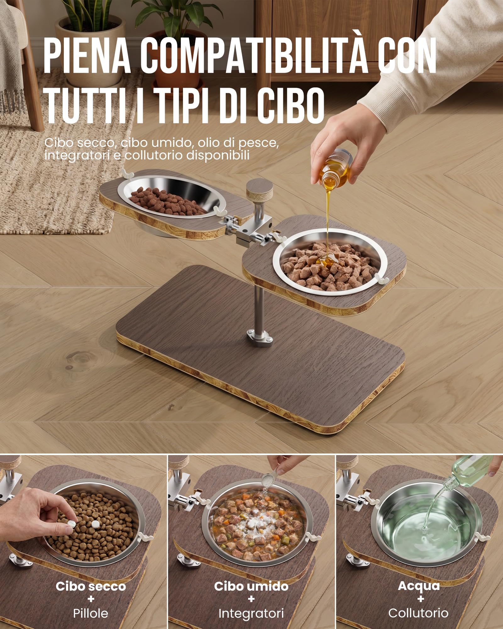 kittyspout Ciotole rialzate per cani, regolabili in altezza e inclinazione | Struttura FSC classe E0, 2 ciotole in acciaio inox lavabili in lavastoviglie e base antiscivolo
