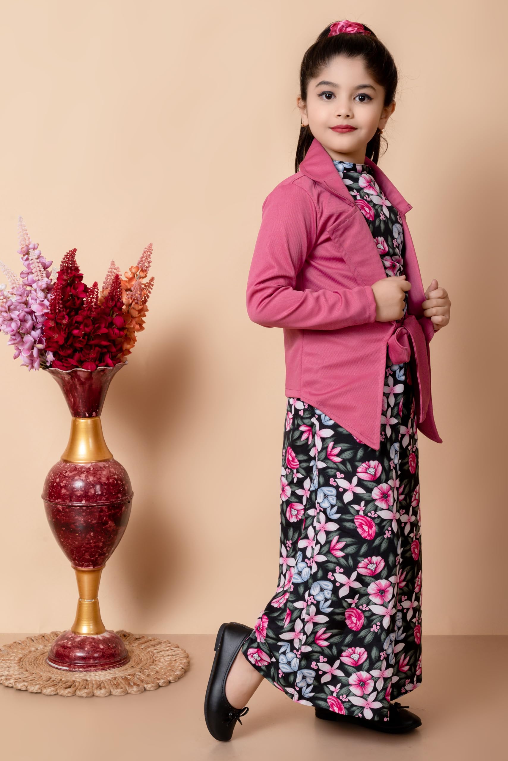 SPAMitude Girls Self Designed Premium Cotton Jacket Jumpsuit Dress | Floral Printed Jumpsuit Jacket Set for Birthday Girl (10-11 years, Pink) - Image 5 thumbnail