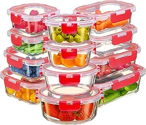 FineDine 24 Piece Glass Storage Containers with Lids - Leak Proof, Dishwasher Safe Glass Food Storage Containers for Meal Prep or Leftovers, Red