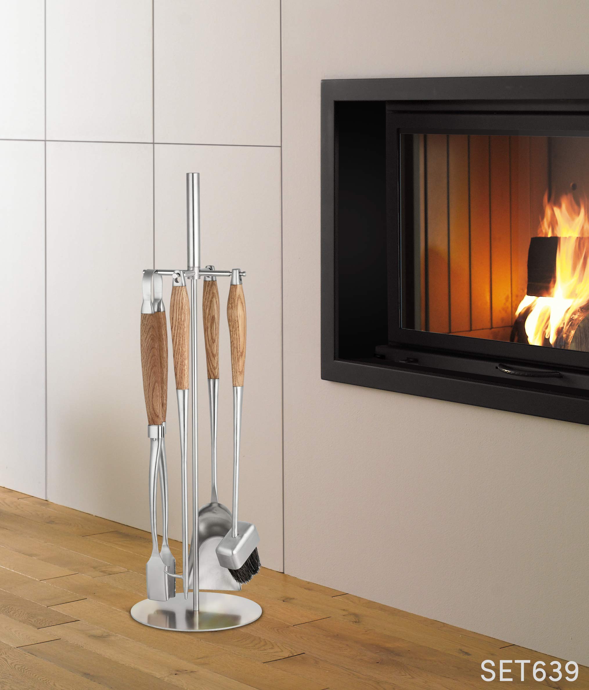 Hansa Premium Kaminbesteck (4-teilig) Standaufhänger, Kaminbesteck Edelstahl mit Eichengriffen