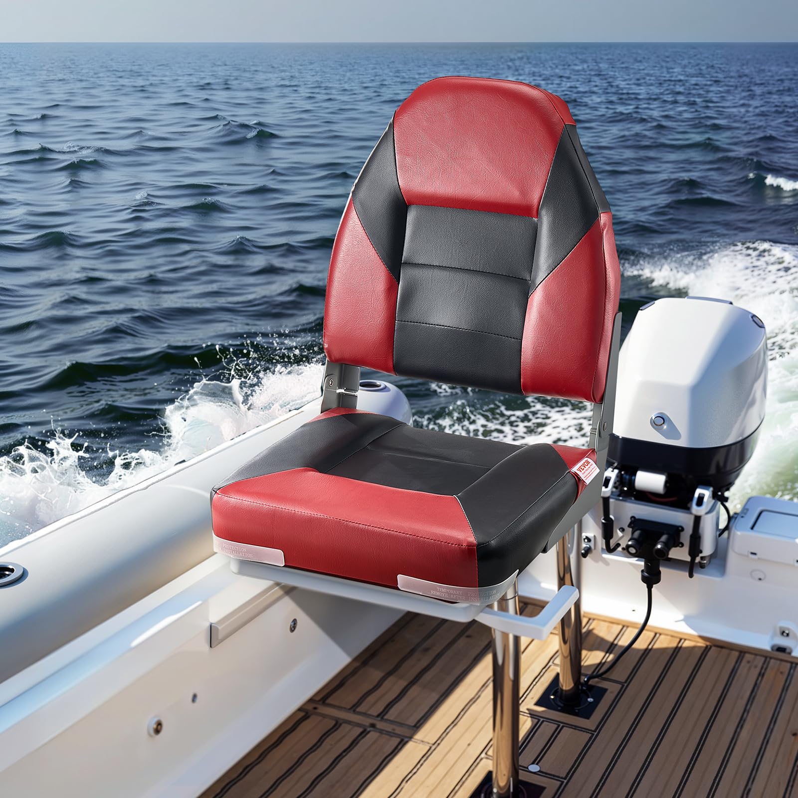 VEVOR Sedile per Barca Yacht Schienale Alto, Sedile Pieghevole per Barca Cuscino in Spugna Ispessita Pelle in PVC Impermeabile, Cerniere in Lega di Alluminio, Sedile per Navi, Nero Rosso 2 Pz