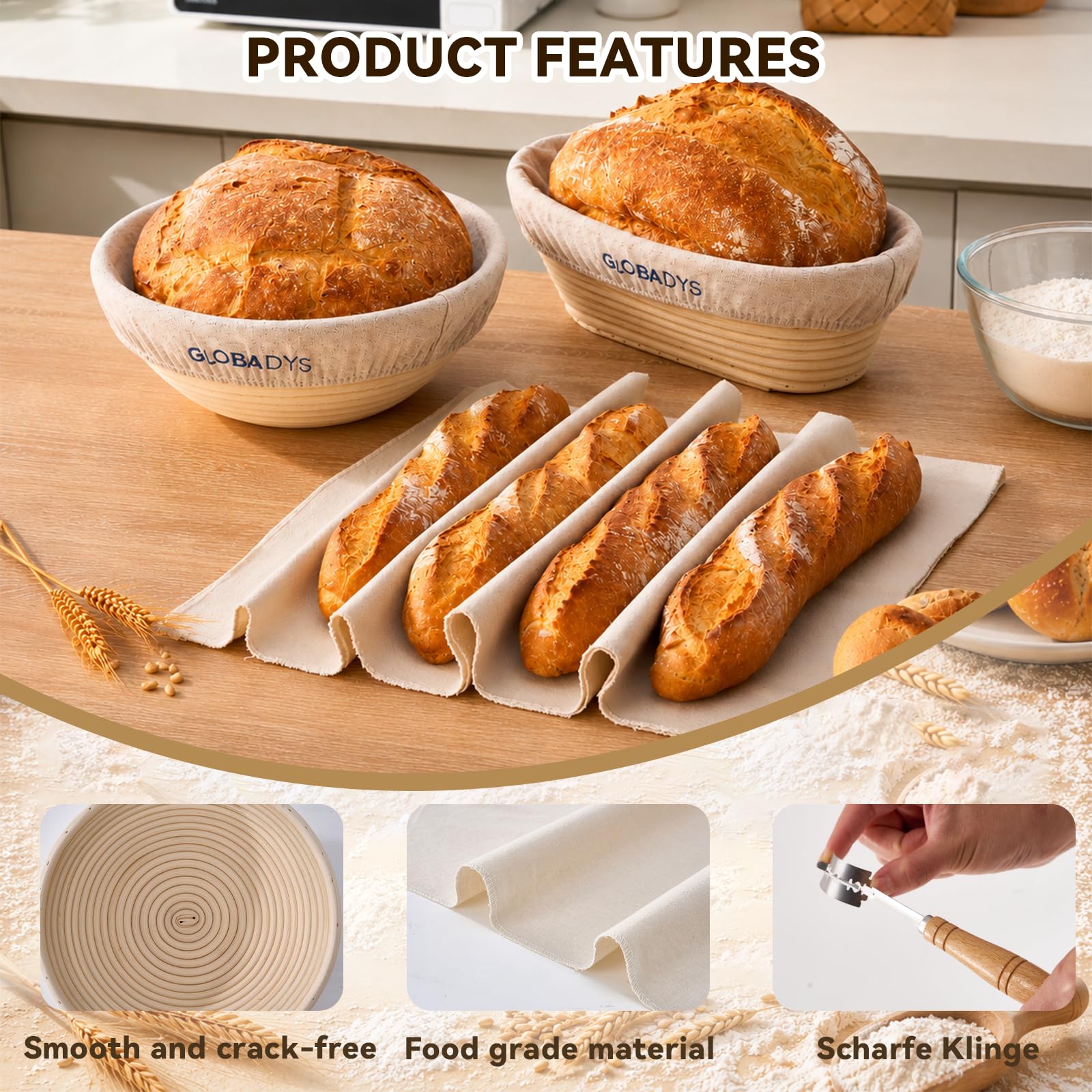 Sauerteig Starter Set 21-teilig – Gärkörbchen aus 100% Handgefertigtem Rattan, Silikonmatten 7mm, Baguettetuch 66x90cm, Gärglas 720ml – Brot Backen Zubehör für Anfänger und Profis