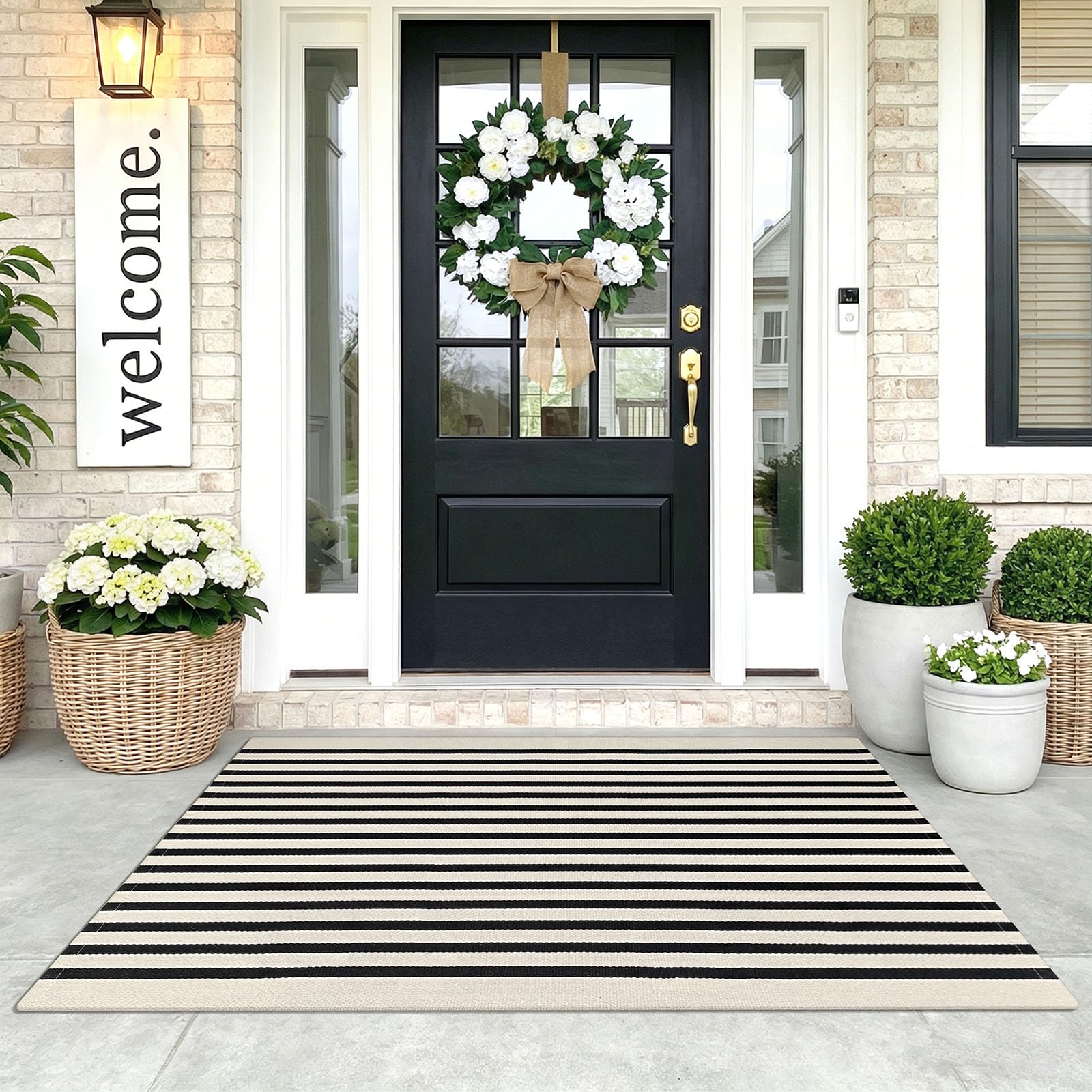 KOZYFLY Cotton Rug, 90 X 150 cm / 35 X 59 inch, Black and Beige, Striped, Hand Woven, Machine Washable, Perfect for Front Door, Kitchen, Living Room — image 1