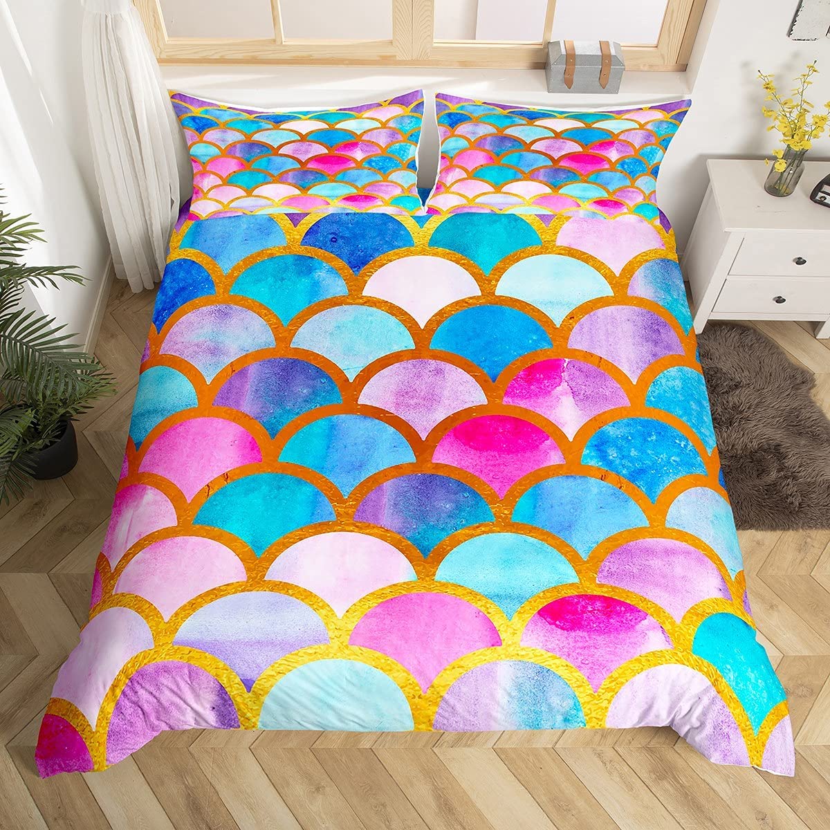 Rainbow Fish Scales Comforter Cover Double Size Mermaid Bedding Set Pink Purple Blue Decorative 3 Pieces Anti-Fading Duvet Cover Set Luxury Bedspread Cover with 2 Pillowcase Microfiber Zipper