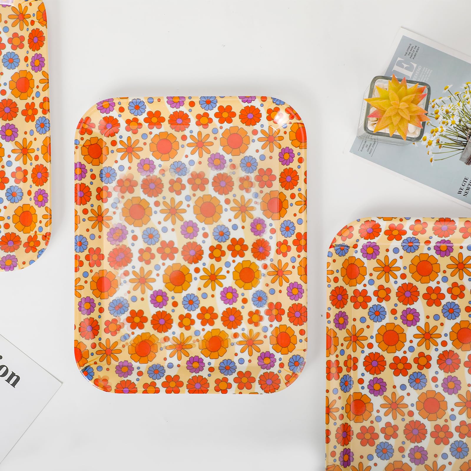 Juego de 6 platos de melamina de 12 pulgadas, platos rectangulares irrompibles, bandeja de servir con ranuras, bandeja de flores para alimentos, platos de margaritas, bandeja decorativa para