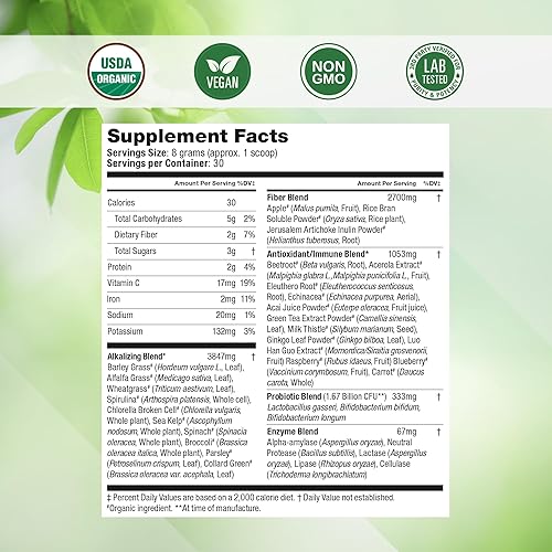 Miniatura 6 de SUPER GREENS  Veggie Greens Superfood en polvo con 20ingredientes orgánicos espirulina, chlorella, cebada y otros, además de frutas orgánicas,