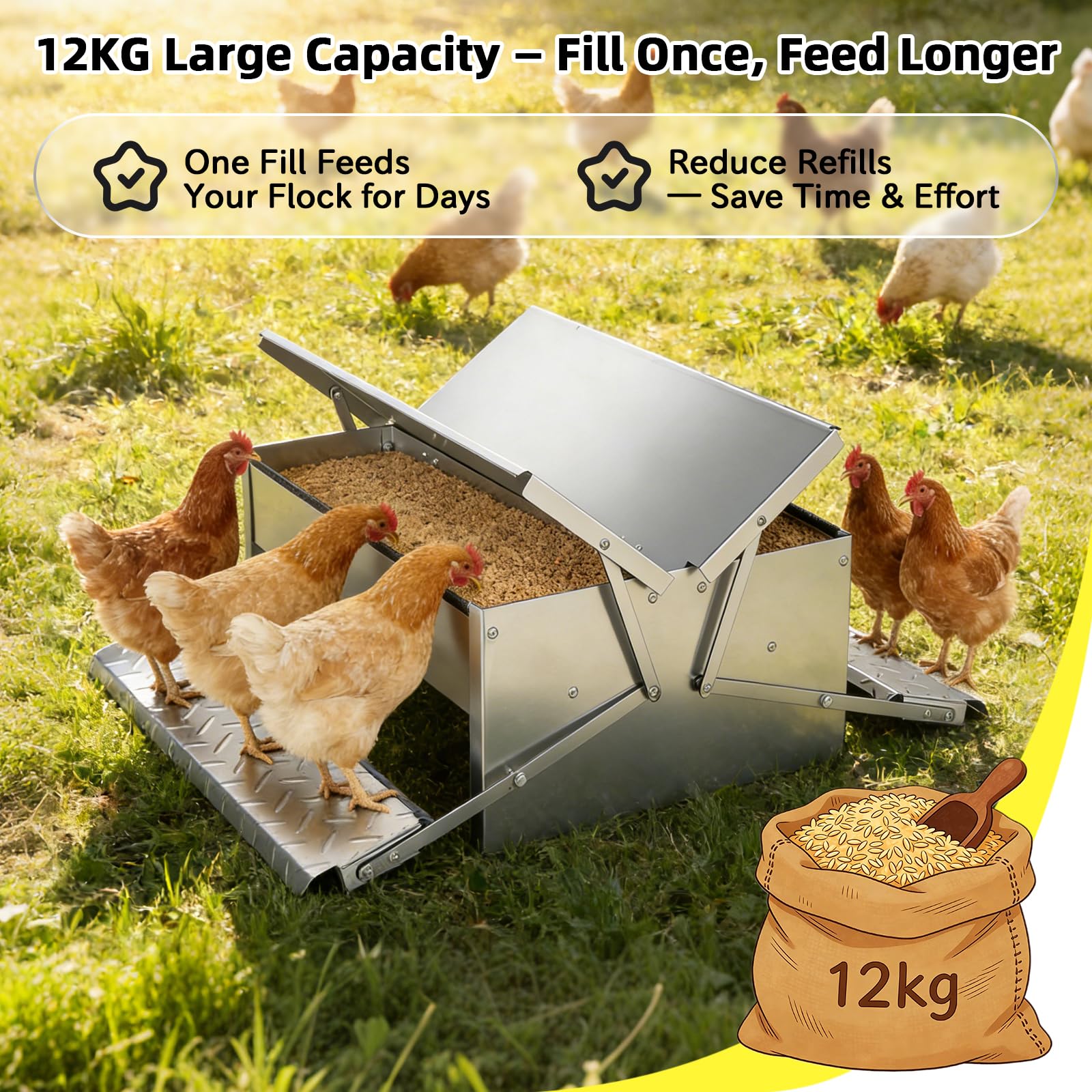 Comedero Gallinas Anti Ratas Antipajaros, Comedero Automático Gallinas de 12KG, Doble Cara con Pedal, Acero Inoxidable, para Pollos, Patos y Gansos, para Exterior/Gallineros/Granjas/Patios
