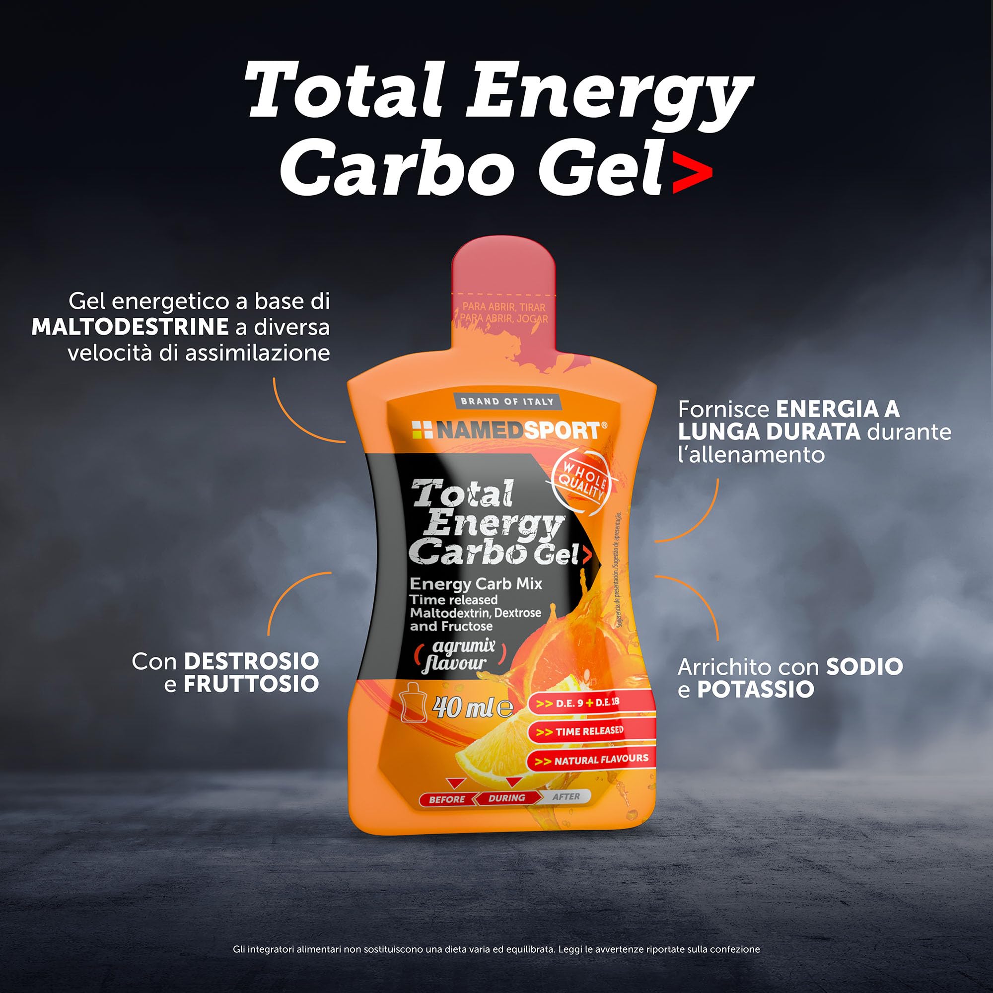 NAMEDSPORT Total Energy Strong Gel | Gel Energetico con Caffeina, Taurina e Guaranà | Sport di Endurance (Ciclismo, Running, Triathlon) | Vegano e Senza Glutine | Gusto Agrumi 24 x 40 ml