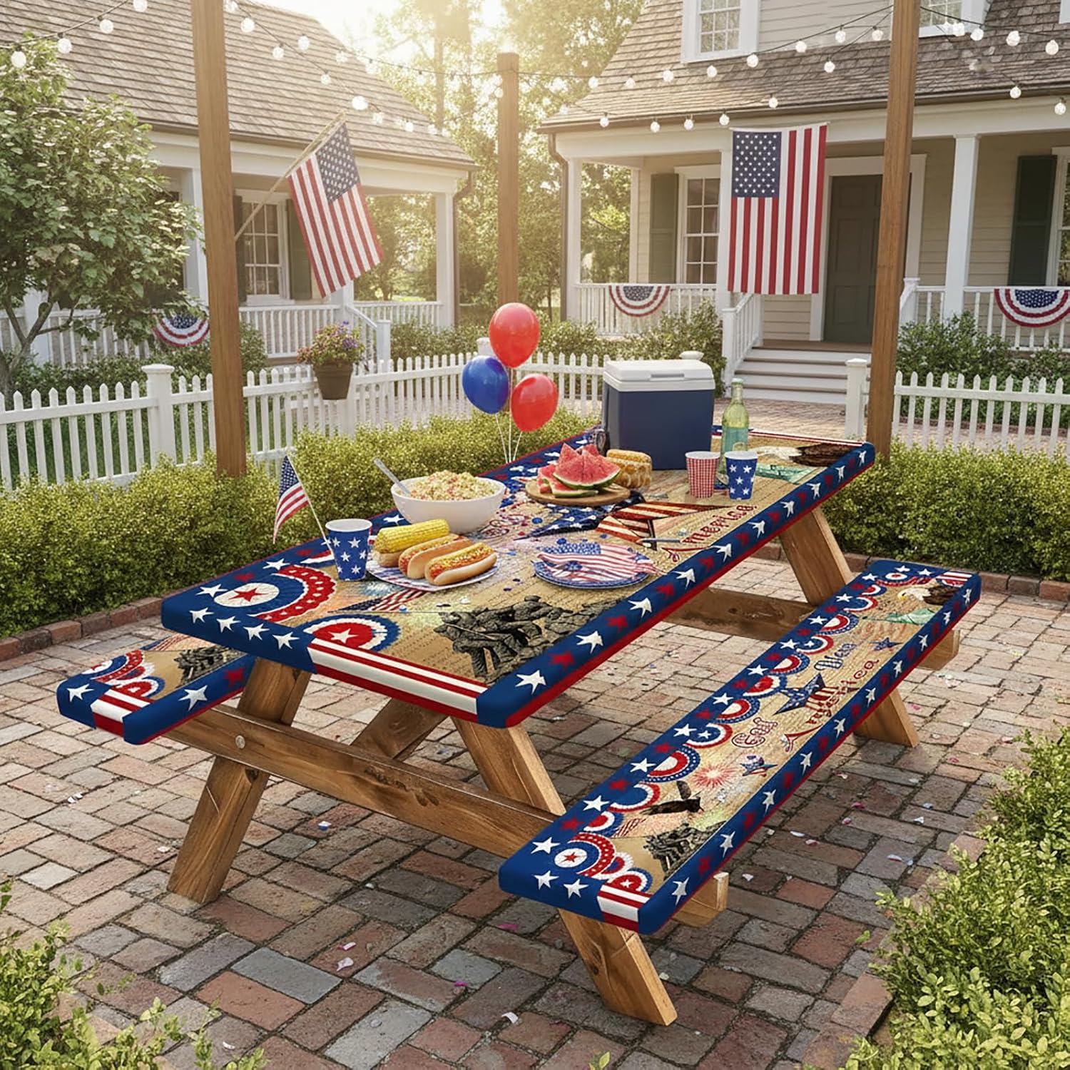 JAWO Patriotic 4th of July Picnic Table Cover with Bench Covers, Waterproof American Flag Eagle Tablecloth with Elastic Edge, Lightweight Camping Essentials for Rectangle Tables with Carrying Bag,96in