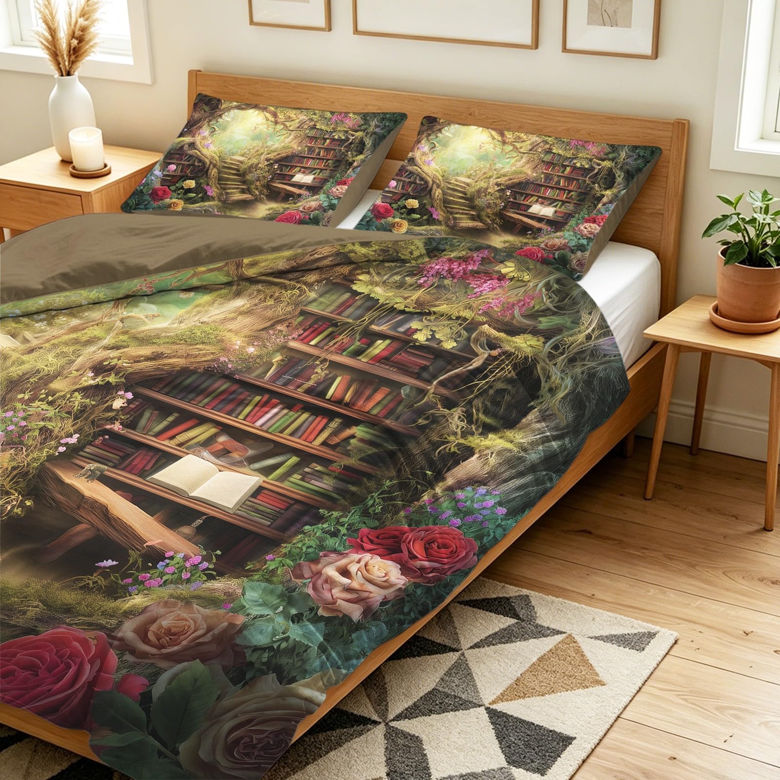 Biancheria da letto con fantasia fiabe, 200 x 200 cm, pastorale, accogliente, guarigione, calma, biblioteca, fiori, in microfibra, con chiusura lampo, include 1 copripiumino e 2 federe, per bambini e