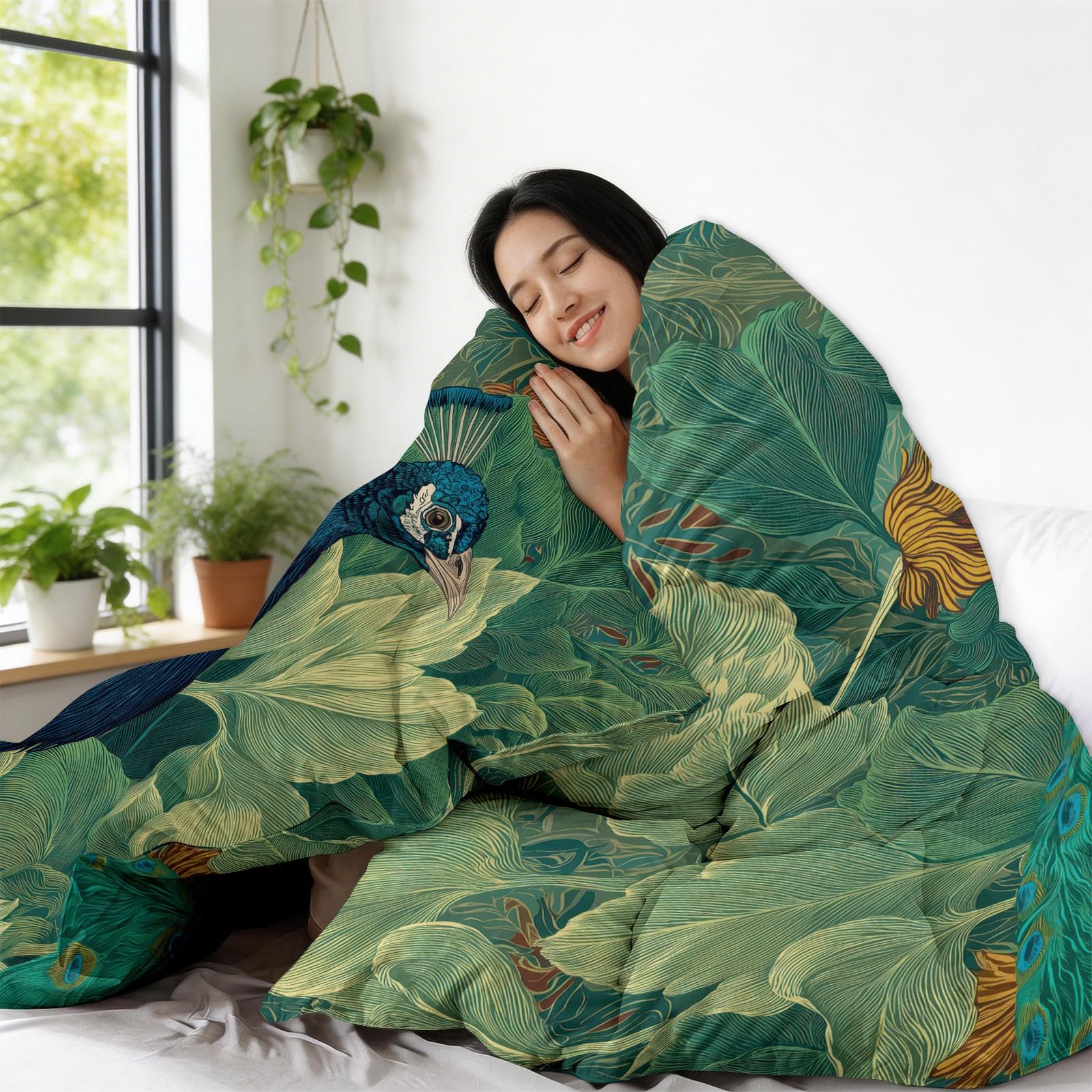 Piumino 4 Stagioni 150x200 cm Pavone Verde Trapunta Copriletto Imbottito Leggero in Microfibra Soffice, Trapuntino Stampa Reversibile Estate e Inverno