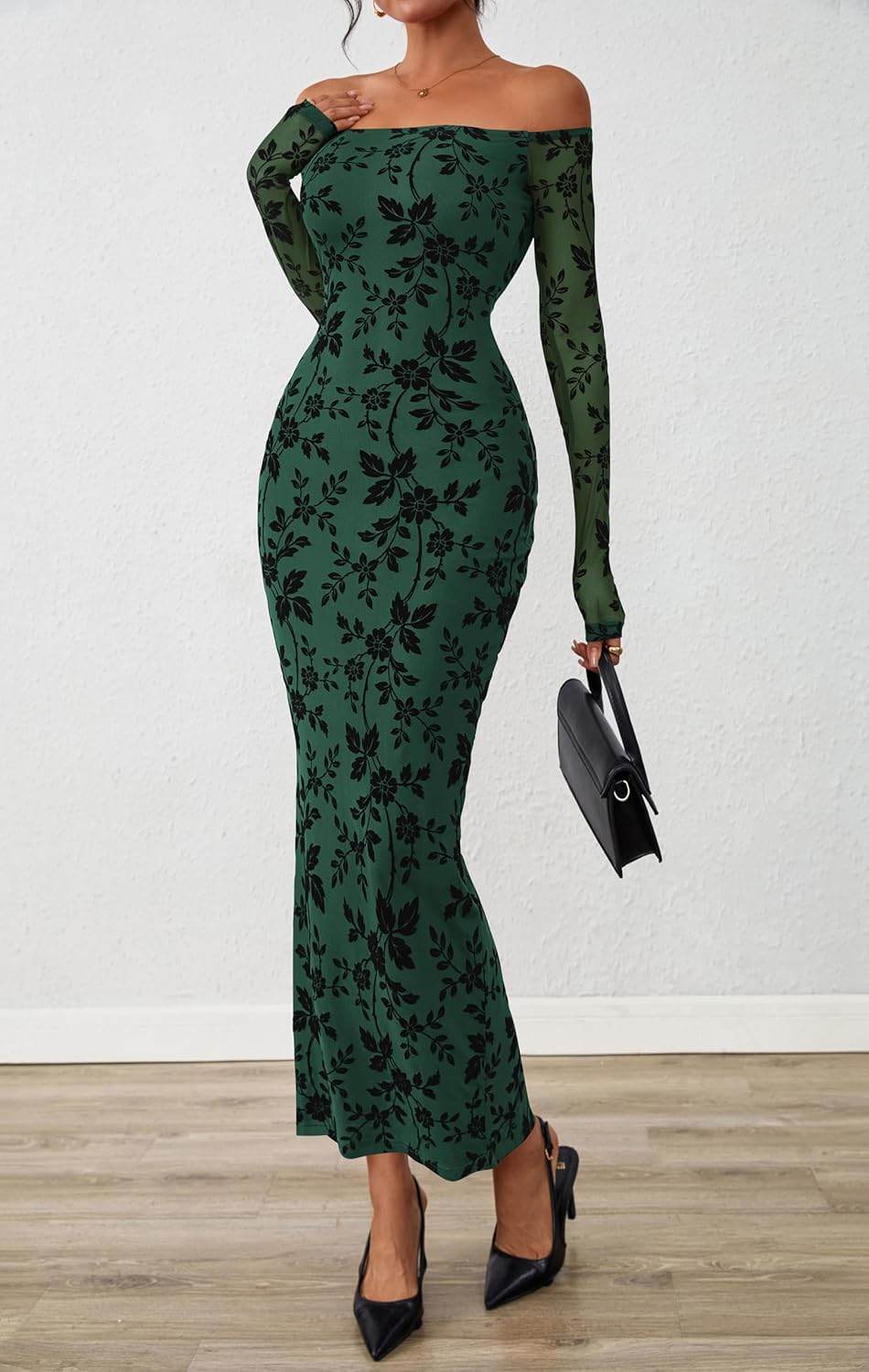 PRETTYGARDEN Womens Off The Shoulder Floral Maxi Bodycon Dress Fall Long Sleeve Mesh Fitted Long Formal Wedding Guest Dresses - Image 4