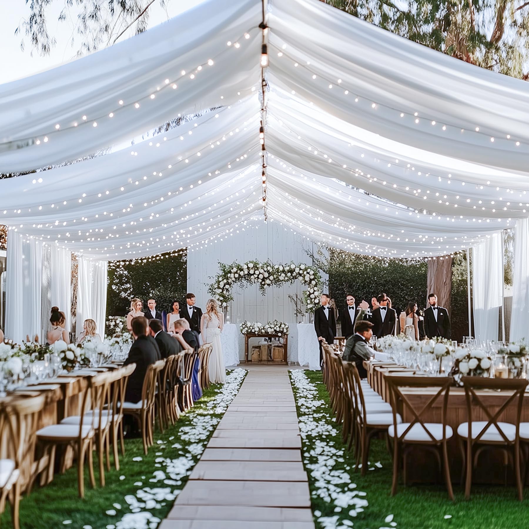 4 Paneele weiße Hochzeitsvorhänge, faltenfrei, Stoff-Baldachin, Deckenvorhänge für Zeremonie, Geburtstag, Themenpartys, mit Stangentasche