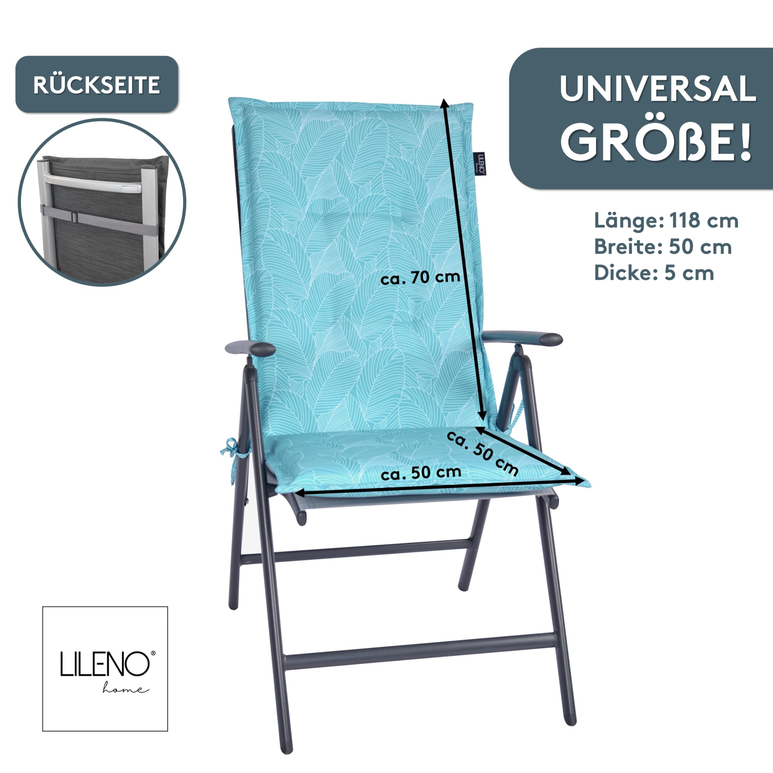 LILENO HOME Cuscini per sedia da giardino [set da 1 – sedia con schienale alto] in foglie Aqua – comodi cuscini per sedie da giardino – cuscini per sedie da giardino e sedie pieghevoli