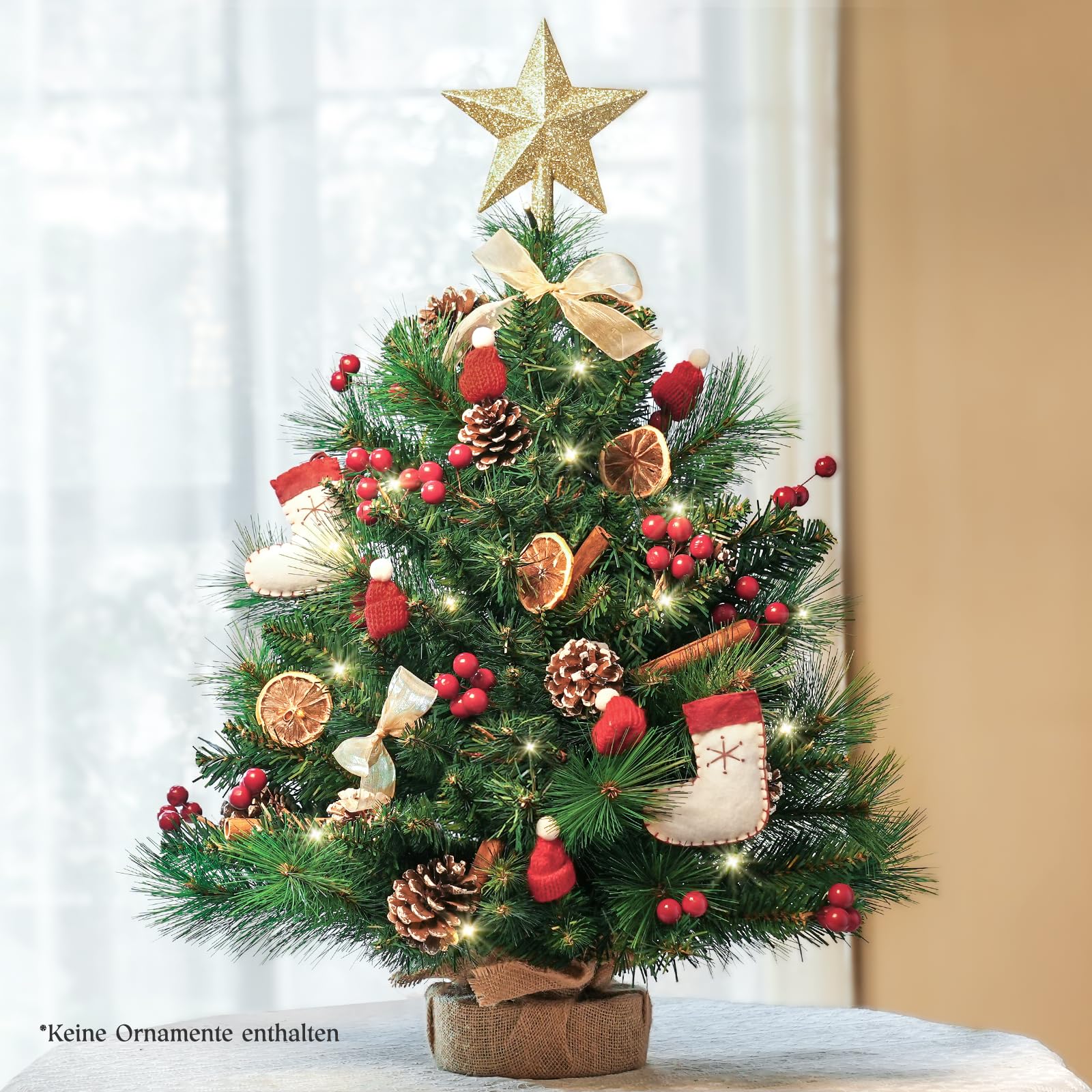 OasisCraft Sapin de Noël artificiel avec étoile au sommet, 60,96 cm, lumières LED claires, base en toile de jute, pour table, bureau et décoration de salon