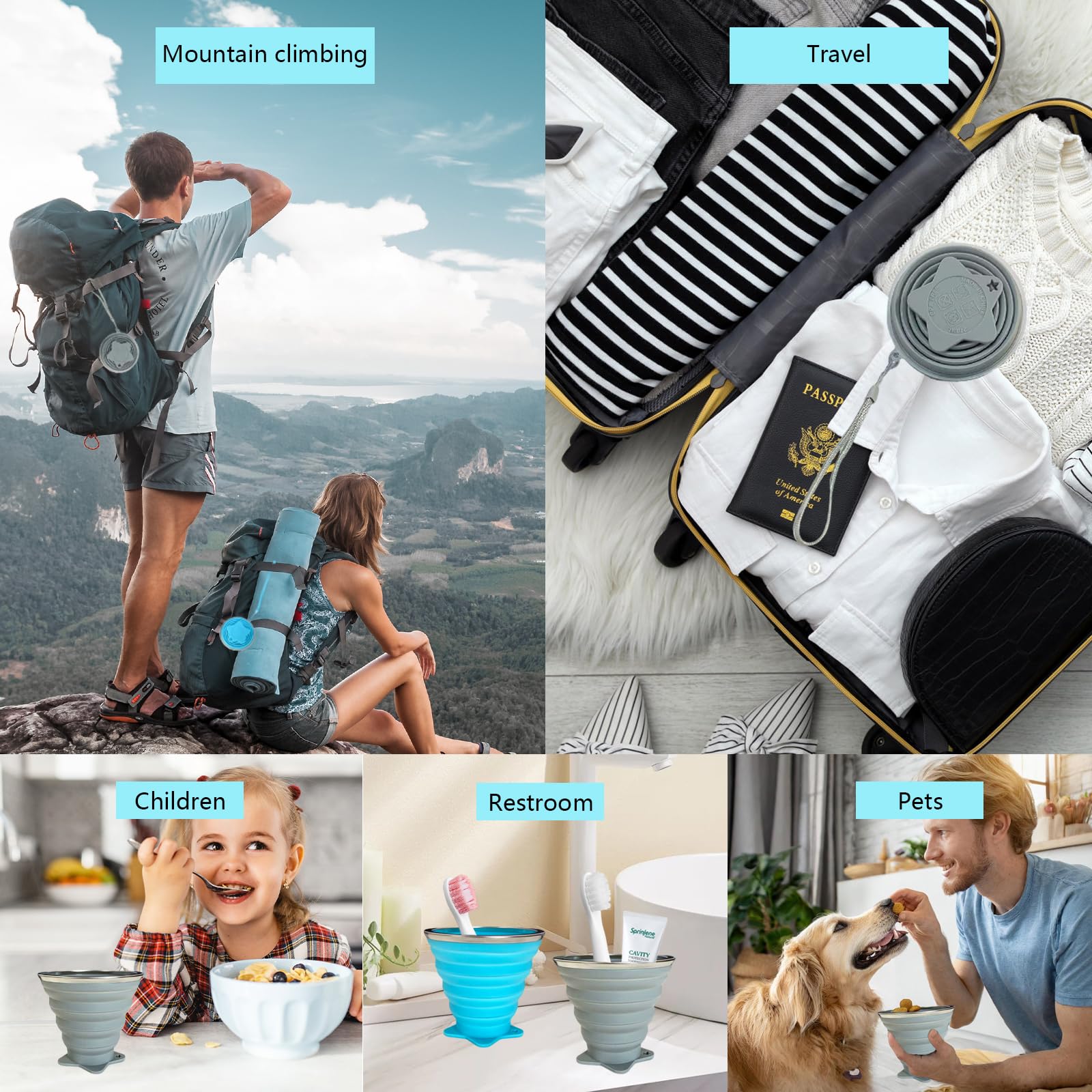 2 składane kubki silikonowe 270 ml z pokrywką i haczykiem przenośny kubek na kemping, wycieczkę, podróż, trekking, wielokrotnego użytku, zestaw dwóch kolorów