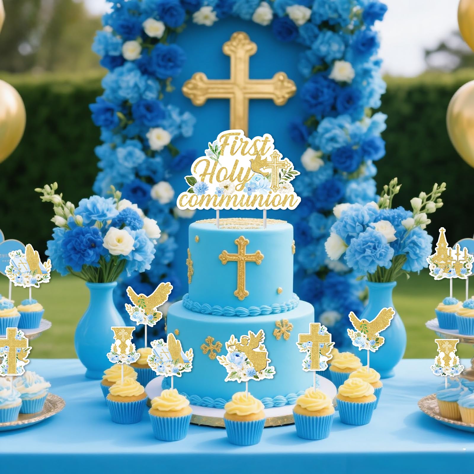 Jollyboom First Holy Communion Decorations for Boys Blue, 25pcs Holy First Communion Cake Cupcake Toppers Cross Dove Grail Cake Decor for Confirmation Baptism Christening Day Party Supplies - Image 2