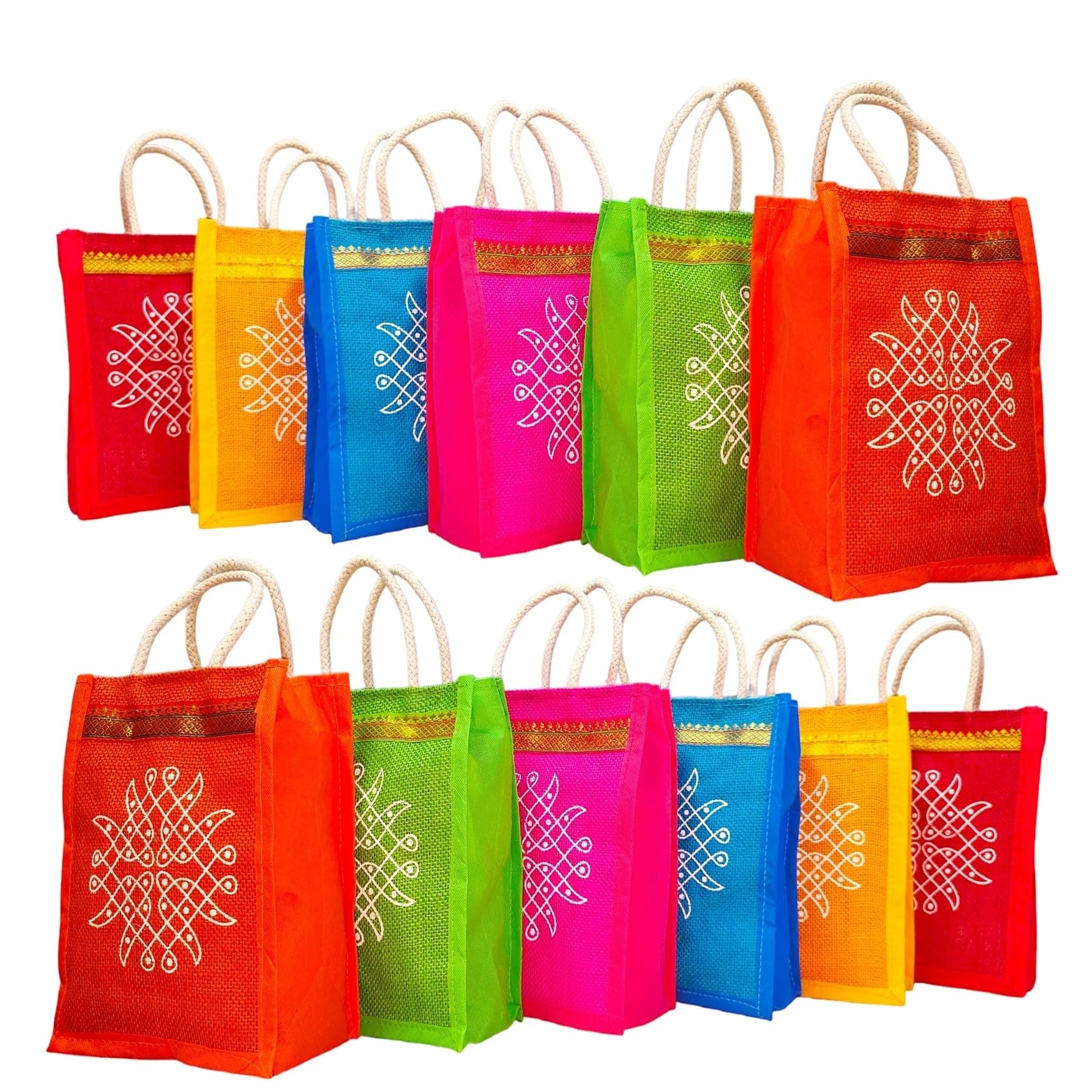 Anumala® Jute Bags with Contrast Kolam Print for Return Gifts | Thamboolam And Jute Bags | Wedding Return Gifts | Birthday Return Gifts | Event Return gifts Bag | Multicolor 8x6x4 inches… (B0C62F2CR6) Amazon Price History, Amazon Price Tracker