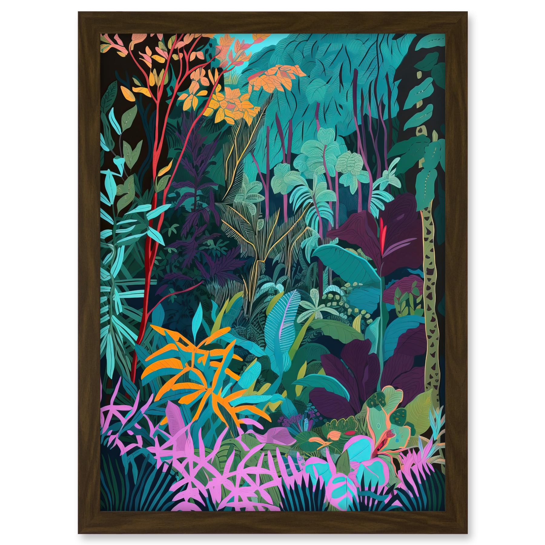 Artery8 Tropical Jungle Forest Vibrant Colour Illustration Artwork Framed A3 Wall Art Print