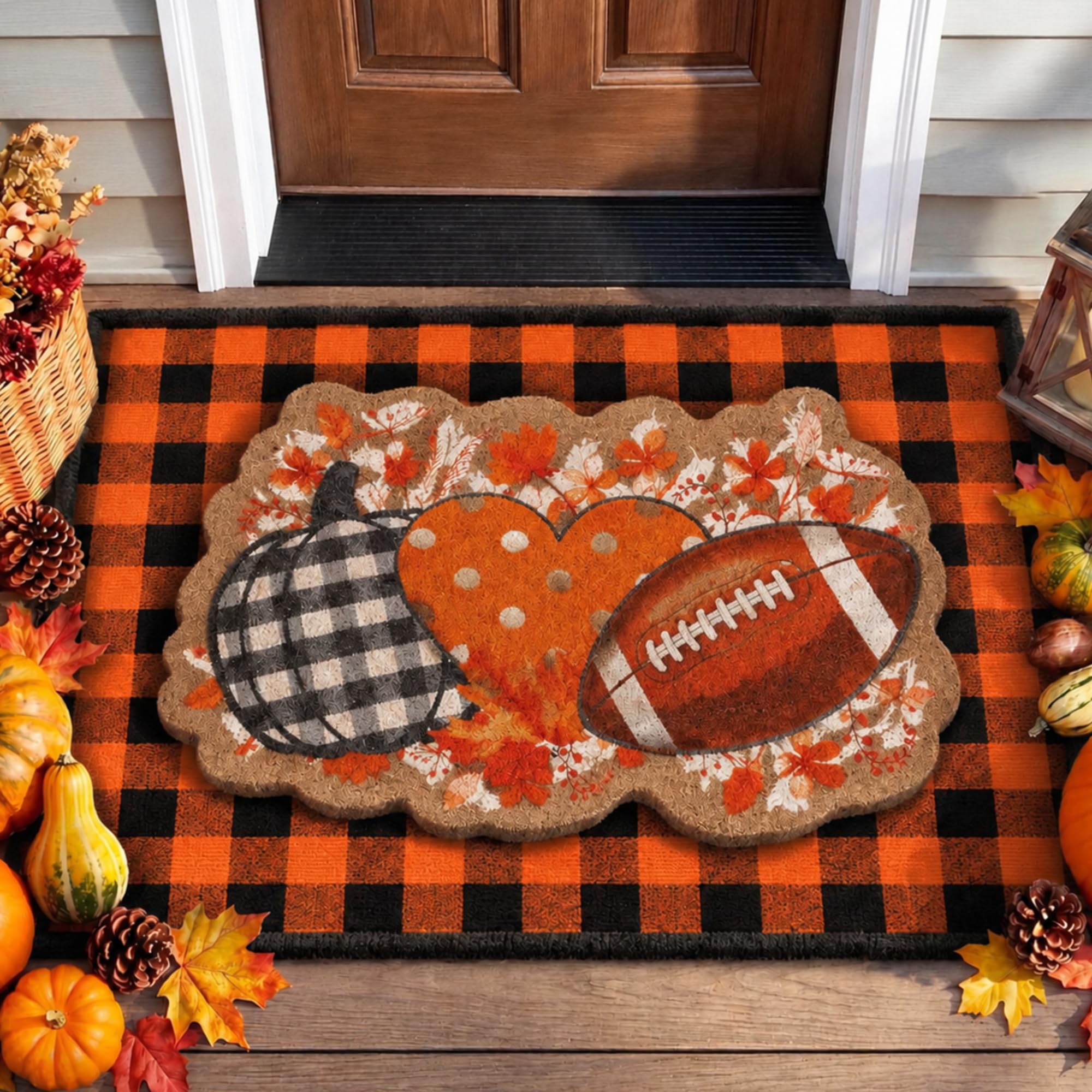 Dunzy 2 Pcs Fall Football Welcome Door Mat Buffalo Plaid Pumpkin Doormat