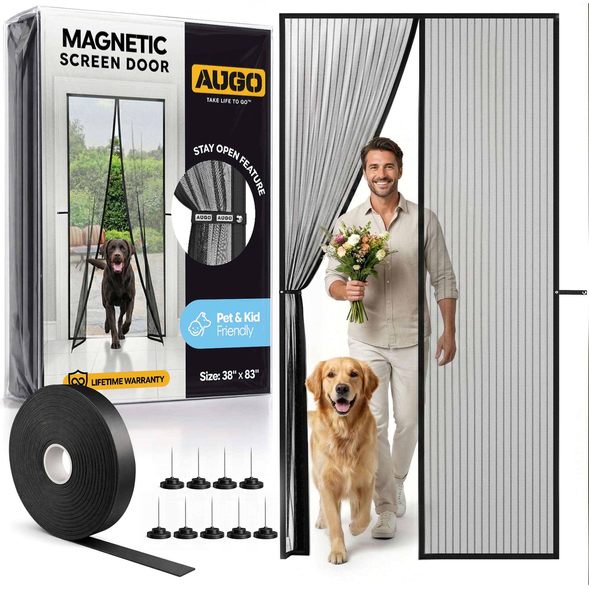AUGO Magnetic Fly Screen Door - Self Sealing, Heavy Duty, Hands Free Mesh Net Partition Keeps Bugs Out - Pet and Kid Friendly - Patent Pending Keep Open Feature - 97 x 210cm