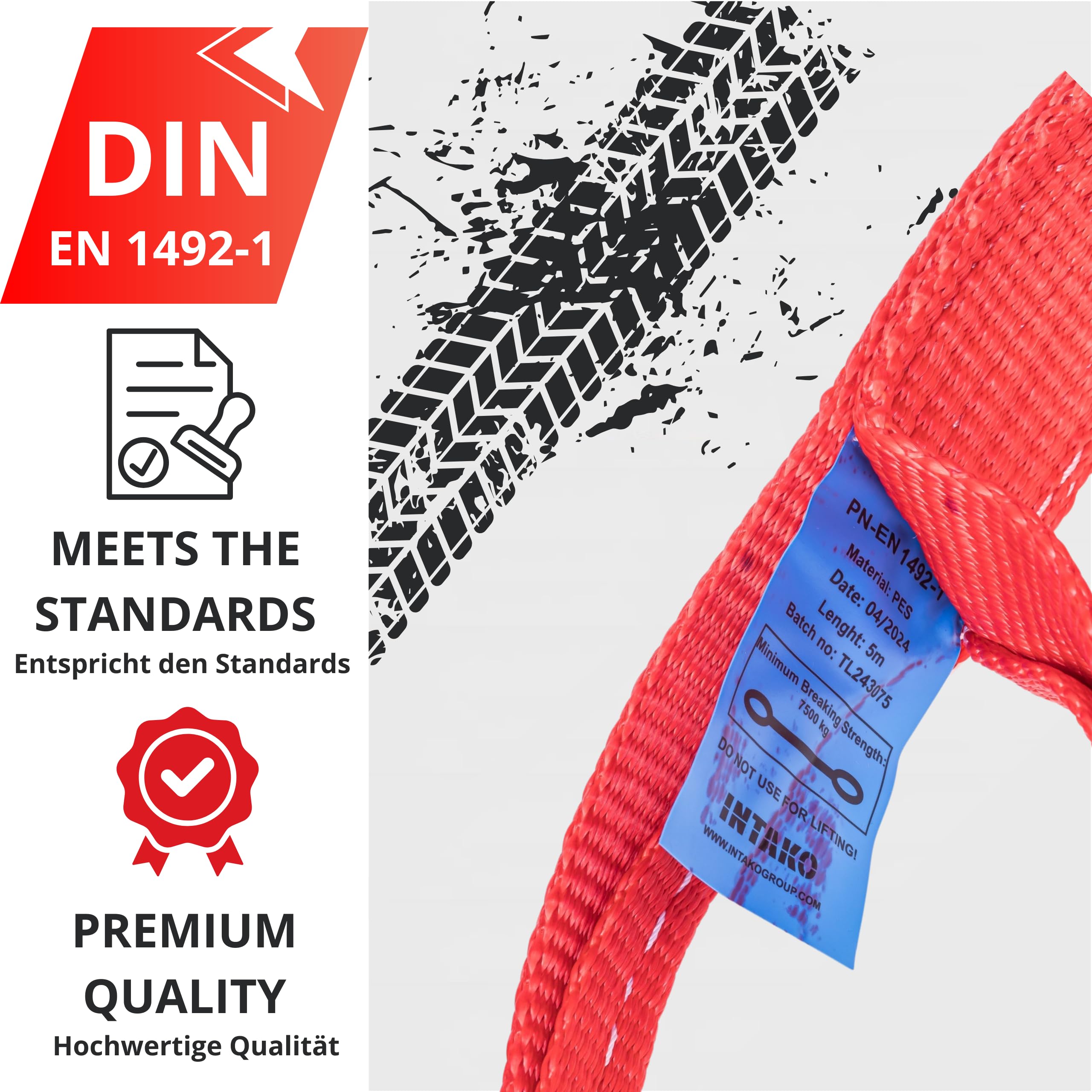 INTAKO Sangle de Remorquage 5M (7,5 Tonnes) avec Manilles - Norme en 1492-1 - Corde de Remorquage pour Voiture - Sangle de Traction Ultra Résistante