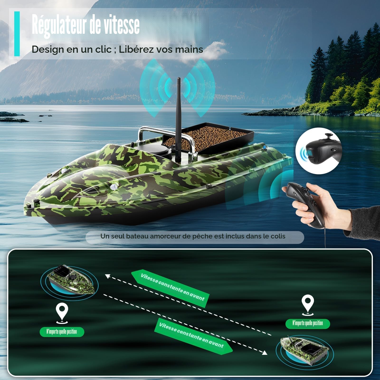 Bateau télécommandé de 500 m avec échosondeur et GPS, capacité de charge de 1,5 kg, pour la pêche de nuit et la fonction de croisière automatique (camouflage)