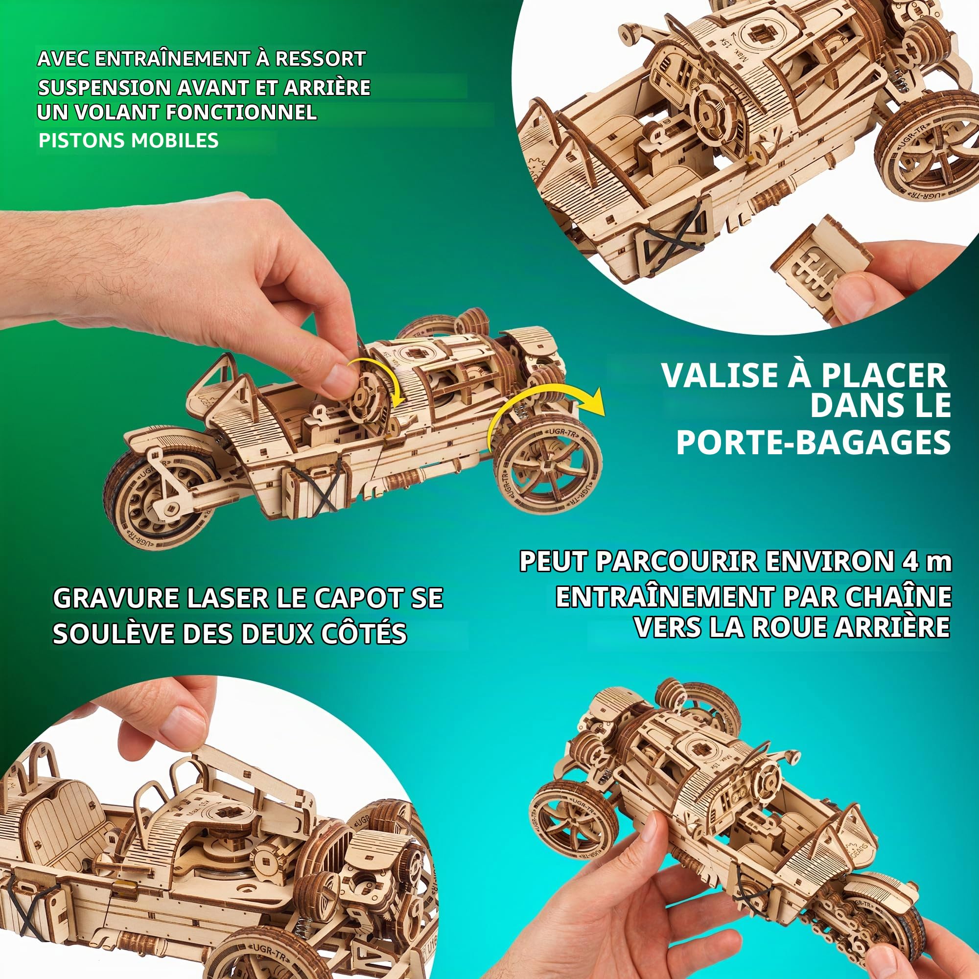 UGEARS UGR-S à Trois Roues Maquette en Bois à Construire Moto - Mécanique Puzzle 3D en Bois - Maquette Voiture a Monter avec Direction et Moteur Fonctionnels - DIY pour Les Fans de Casse-Tête