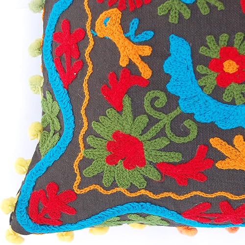 Miniatura 4 de Traditional Jaipur Funda de almohada bohemia Suzani bordada, 16 x 16 pulgadas, funda de almohada decorativa, pompón indio (1)