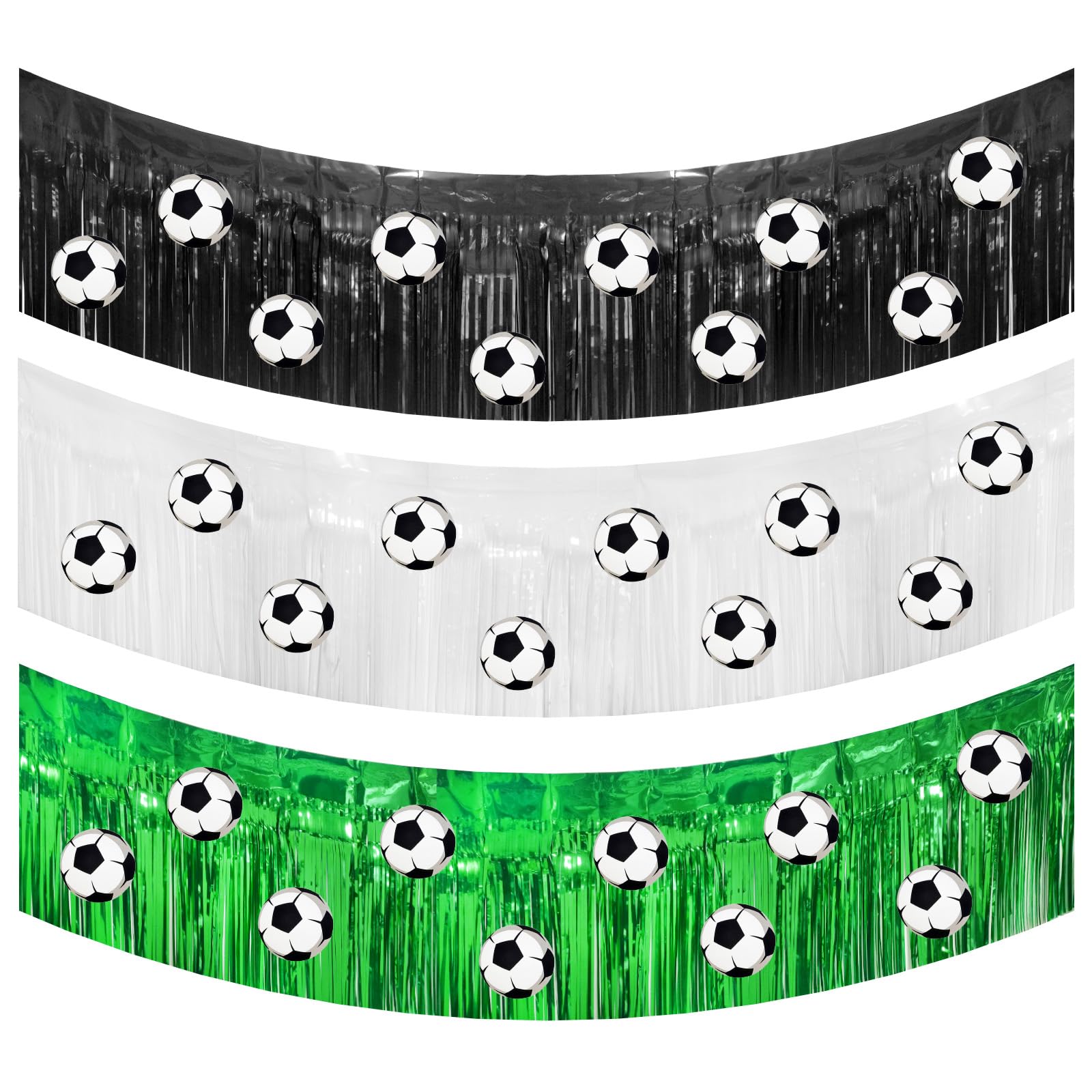 3 Pack 2026 Football Party Decorations Foil Fringe Garland Metallic Tinsel Streamers Banner for Parade Floats 118 x11.8 in Green Black White Wall Hanging Curtain Backdrop with 30 Pcs DIY Soccer Card