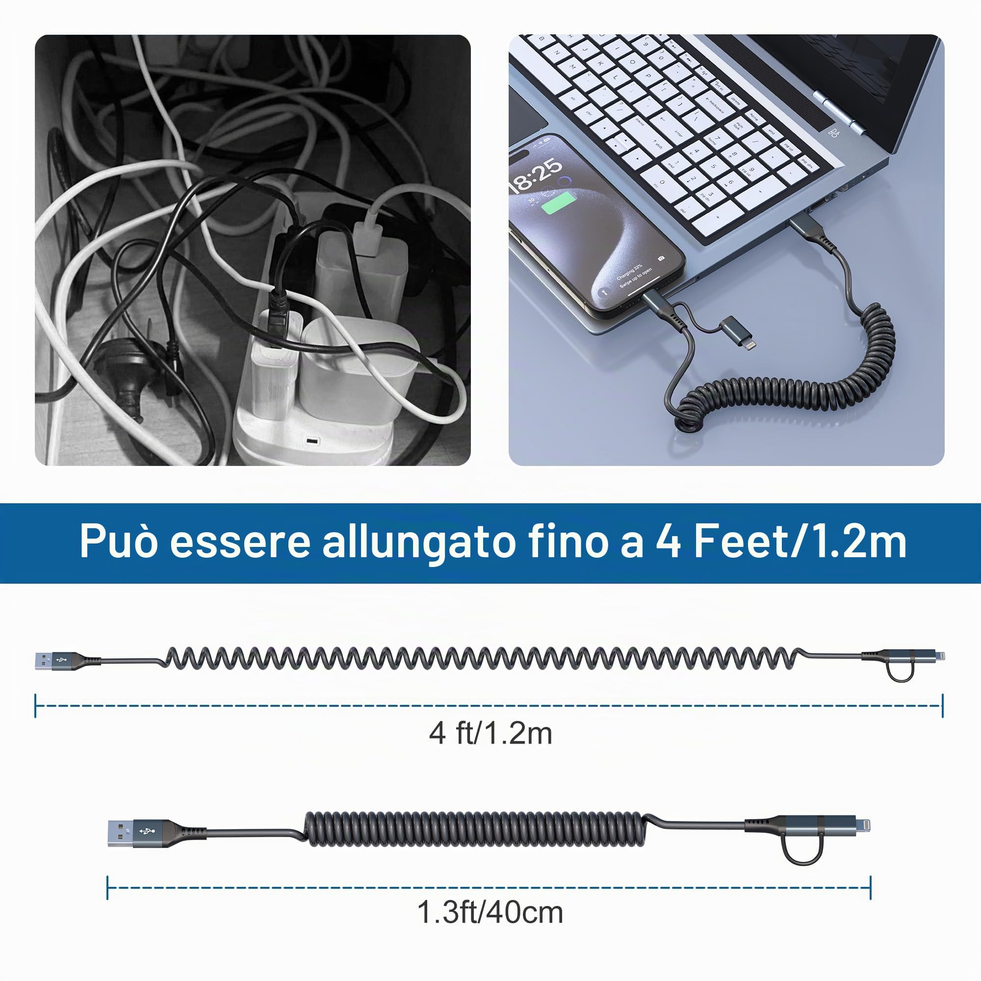 Cavo USB A a USB C e Lightning 2 in 1 per Apple Carplay e Android Auto, Ricarica rapida 3A e dati [Certificato MFi] Cavo a spirale corto USB Lightning, compatibile con iPhone 16/15/14/13/Android