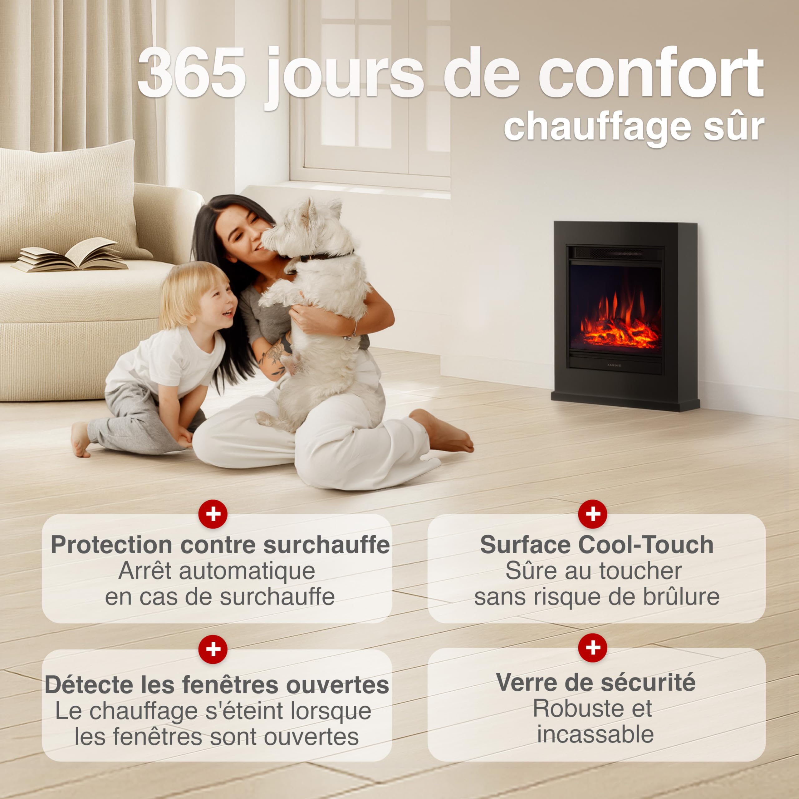 KAMINIO Cheminée électrique Kalle - Cheminée sur Pied avec Chauffage, Effet de Flamme 3D, télécommande (Noir)