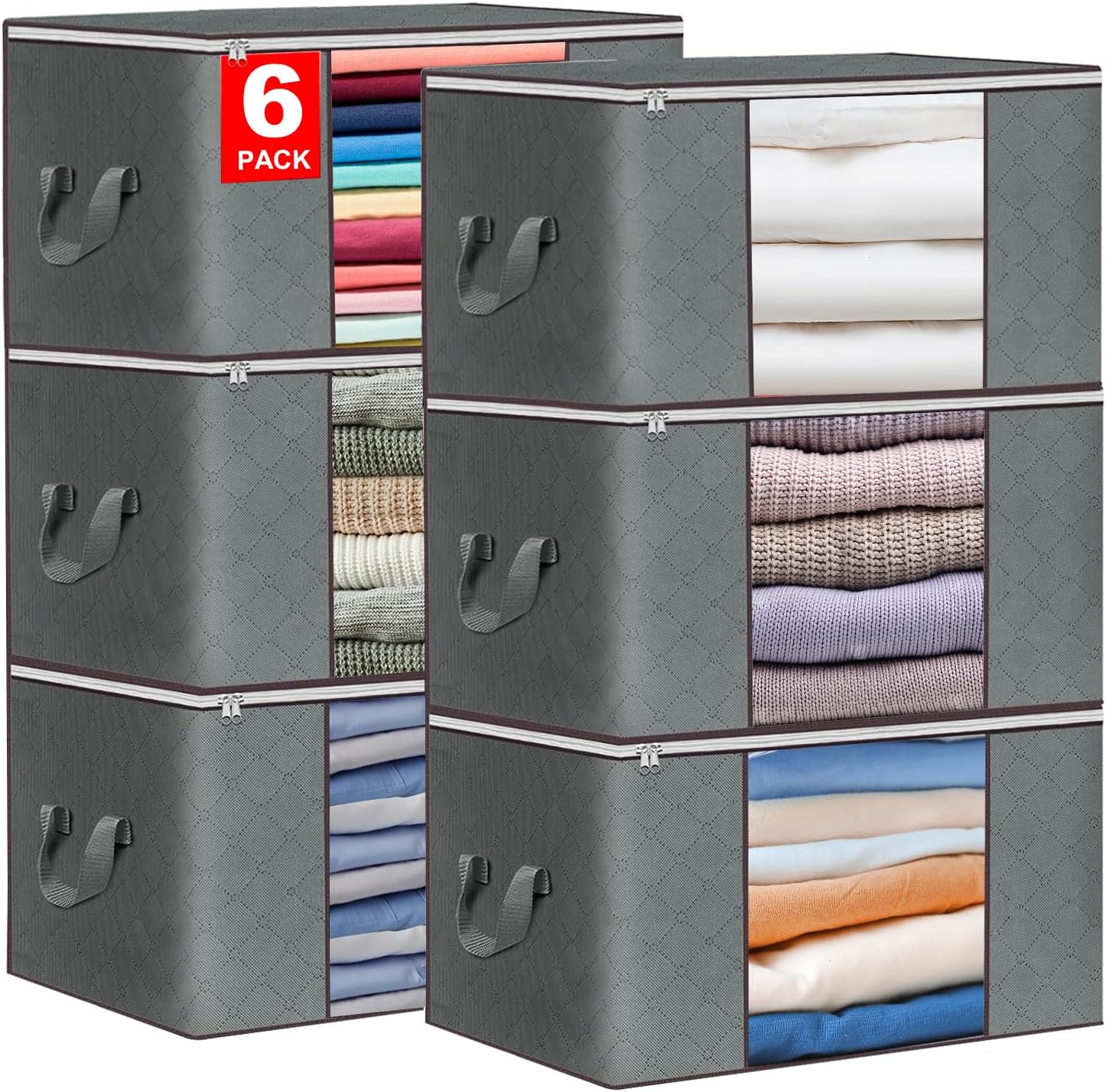 90L Large Storage Bag，4-pack Clothes Storage Bag，Foldable storage Bags For Clothes，with Reinforced Handle Window for Sweaters（Gray) Clothes Sealed Storage