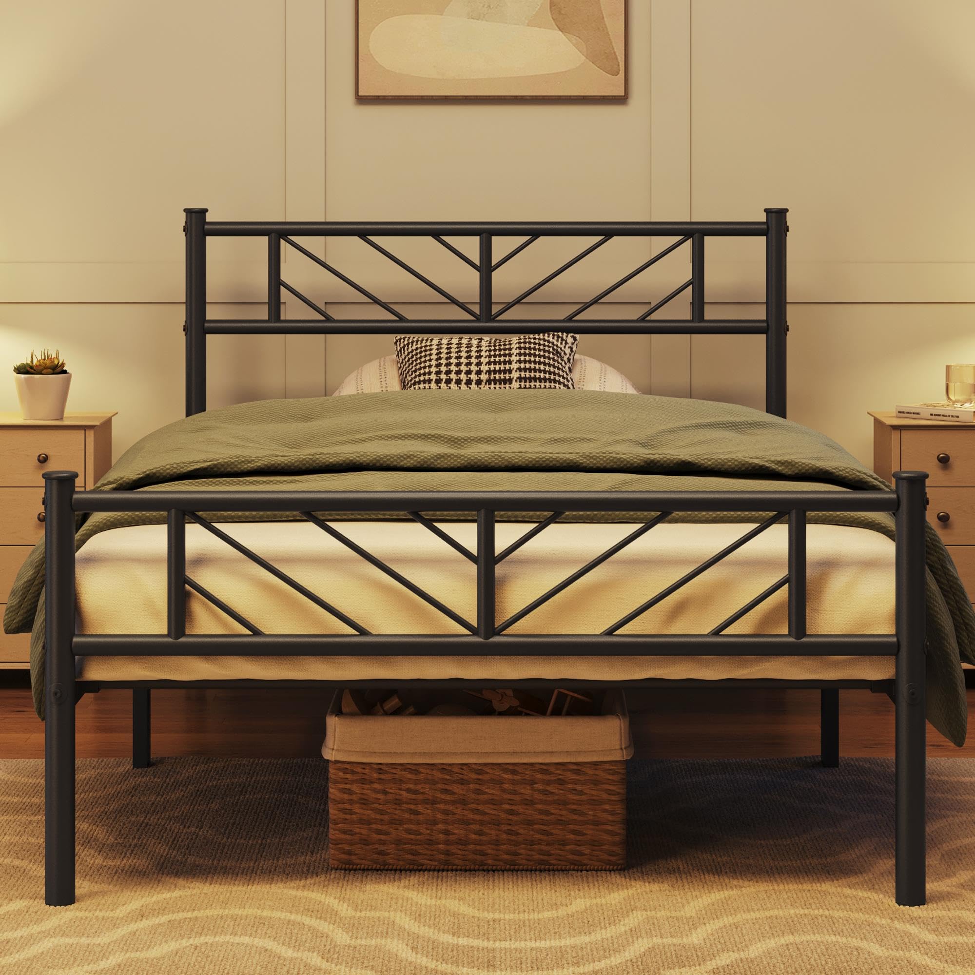 Yaheetech Metallbett 90 x 190 cm Minimalistischer Bettrahmen mit Kopfteil Gästebett mit Lattenrost für Schlafzimmer Gästezimmer 32cm Höhe unter dem Bett Schwarz