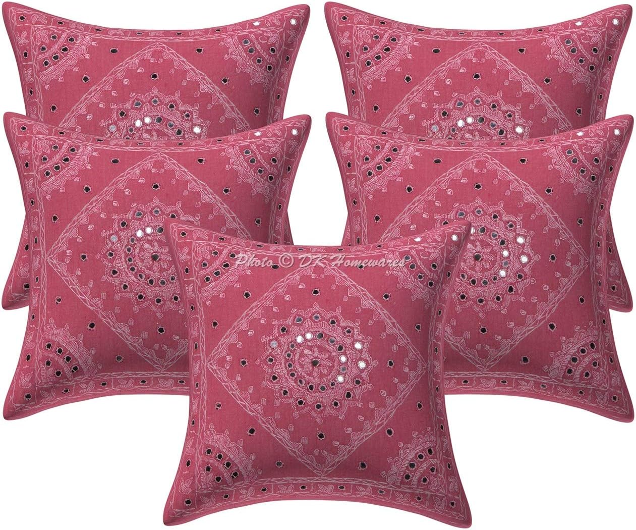Boho Decorative Couch Throw Pillow Covers 16 Inch Cotton Embroidered Mirrored Ethnic Square Toss Cushion Covers (Size - 40x40 cm ; Color: Baby Pink) - Set of 5 Pcs (Cover Only)