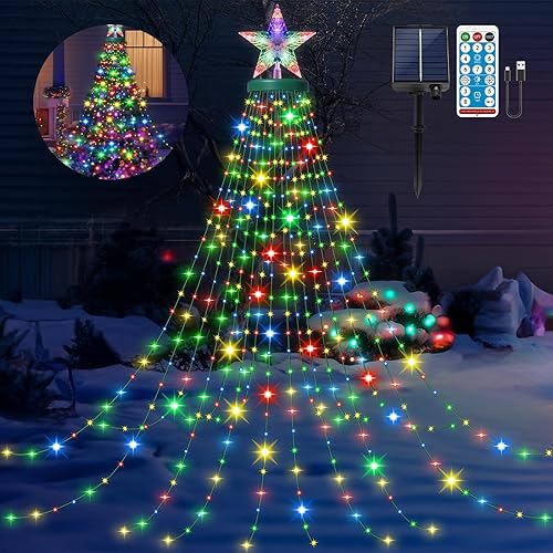 Miniatura 10 de Luces solares para árbol de Navidad con estrella superior, 400 luces LED de 6.6 pies x 16 líneas de luces de Navidad con 11 modelos de temporizador