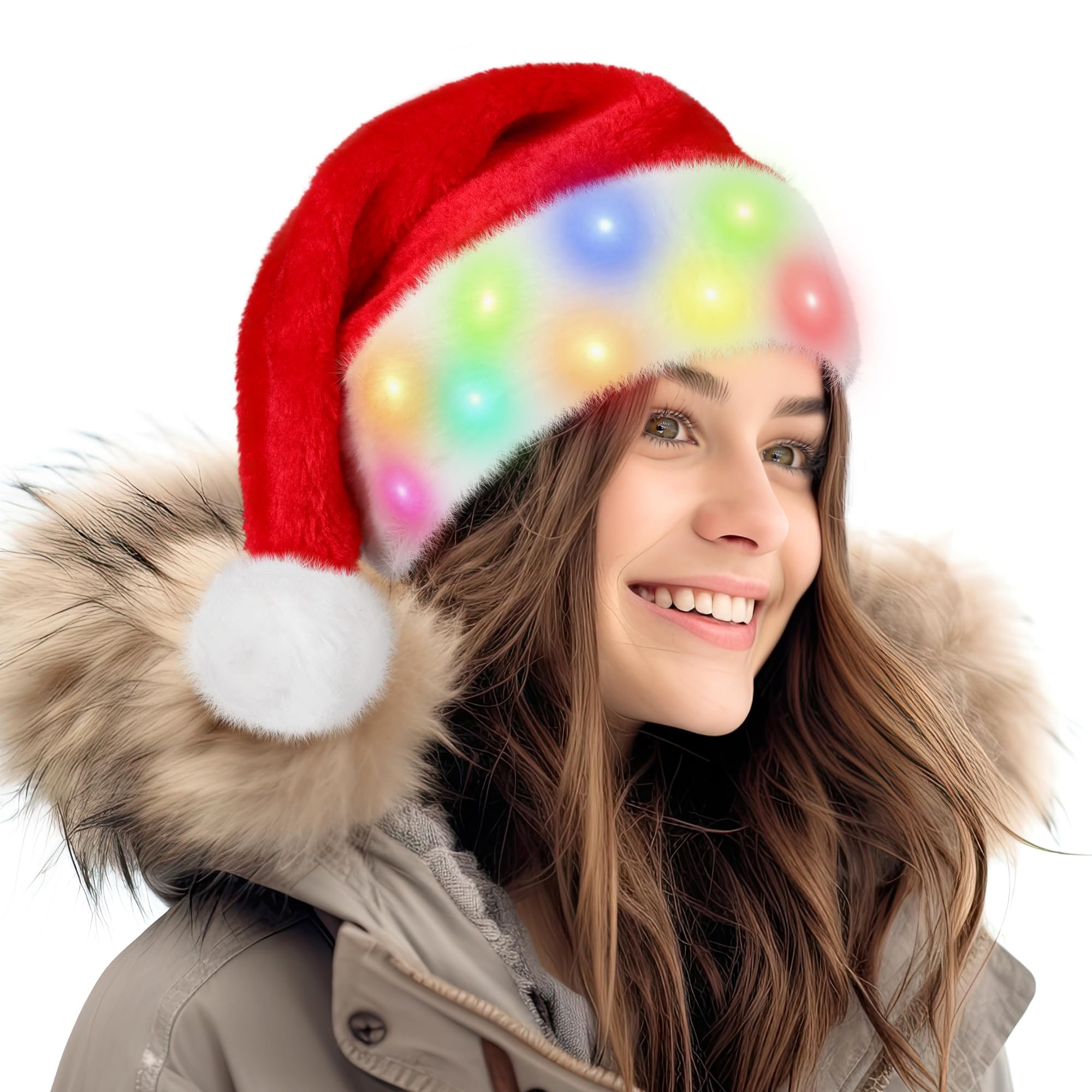 RELPOM Santa Hat Adult, Light Up Christmas Hats, Fluffy Fur Santa Claus Hats With LED Lights, Red Velvet Santa Hat For Men Women