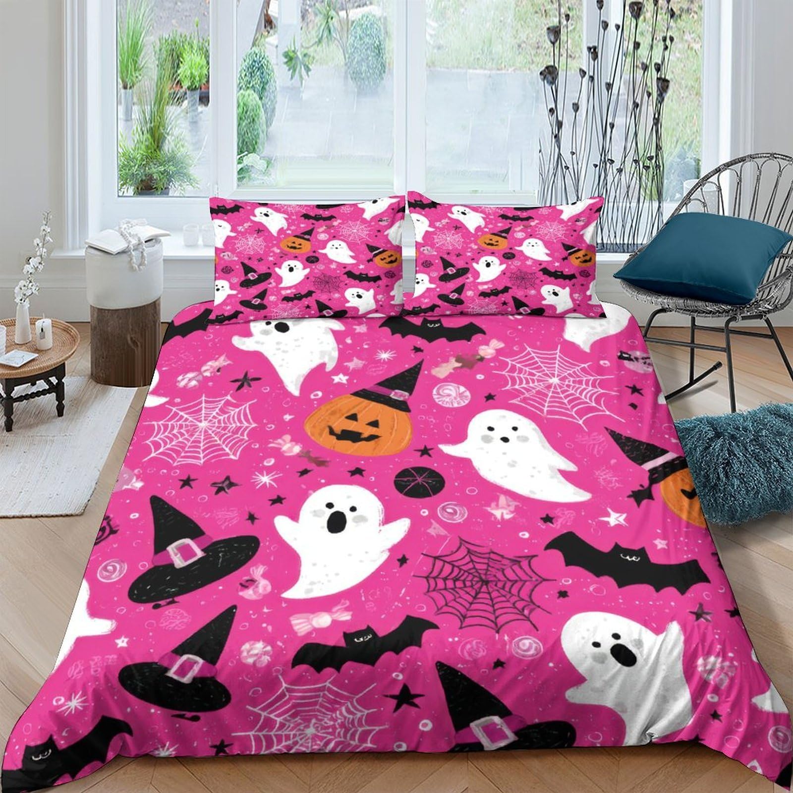 Ctjqhvkz Style-2 3D Printed Halloween Ghost Fitted Sheet Microfiber Pink Pumpkin Mattress Cover For Bedroom Dorm Decorative Protection Single（135X200cm）