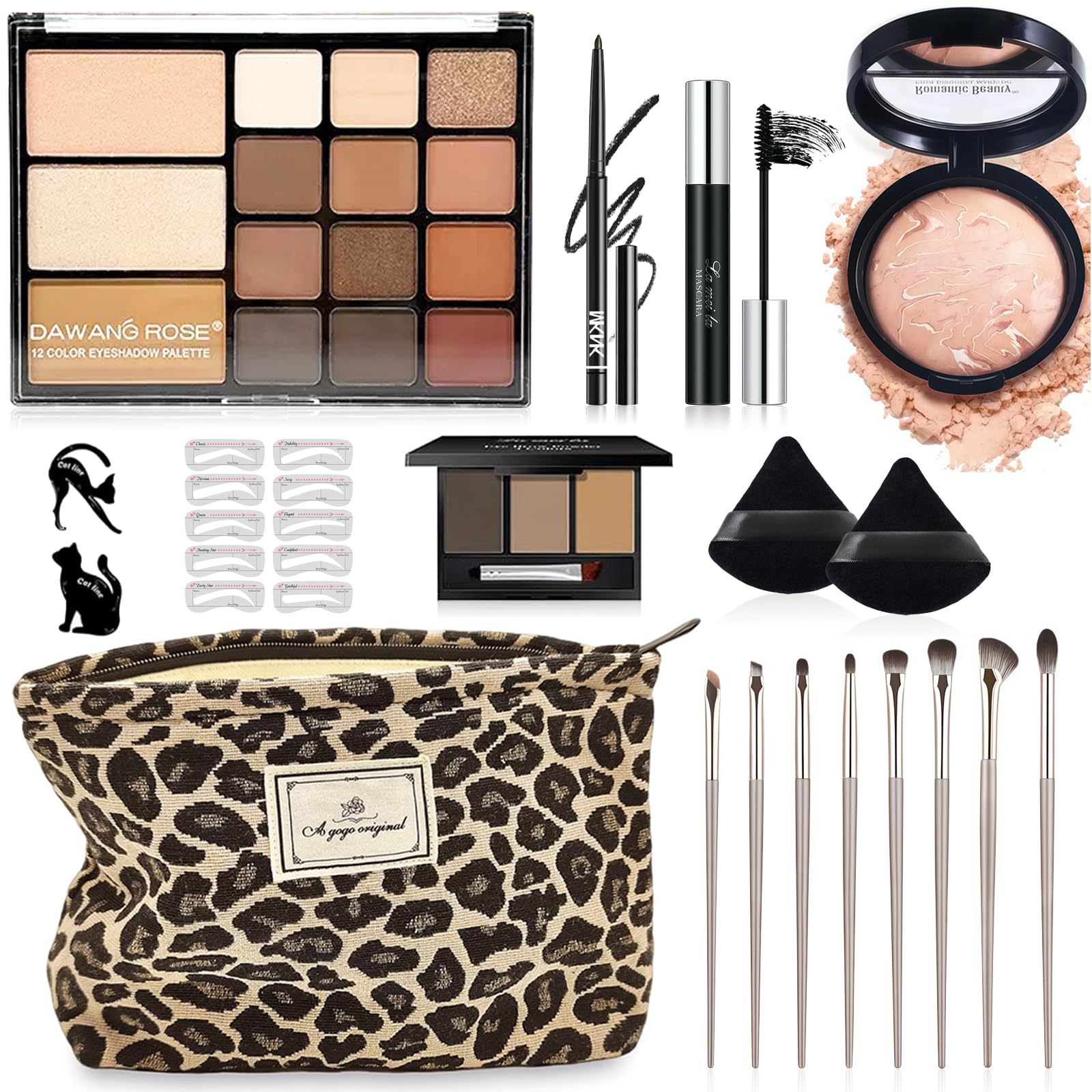 All-In-One Makeup Kit for Women, Full Face Makeup Set with 15-Shade Eyeshadow Palette(Highlighter, Contour), Baked Powder Foundation, Makeup Brushes, Leopard Print Cosmetic Bag&etc., Beginner Friendly