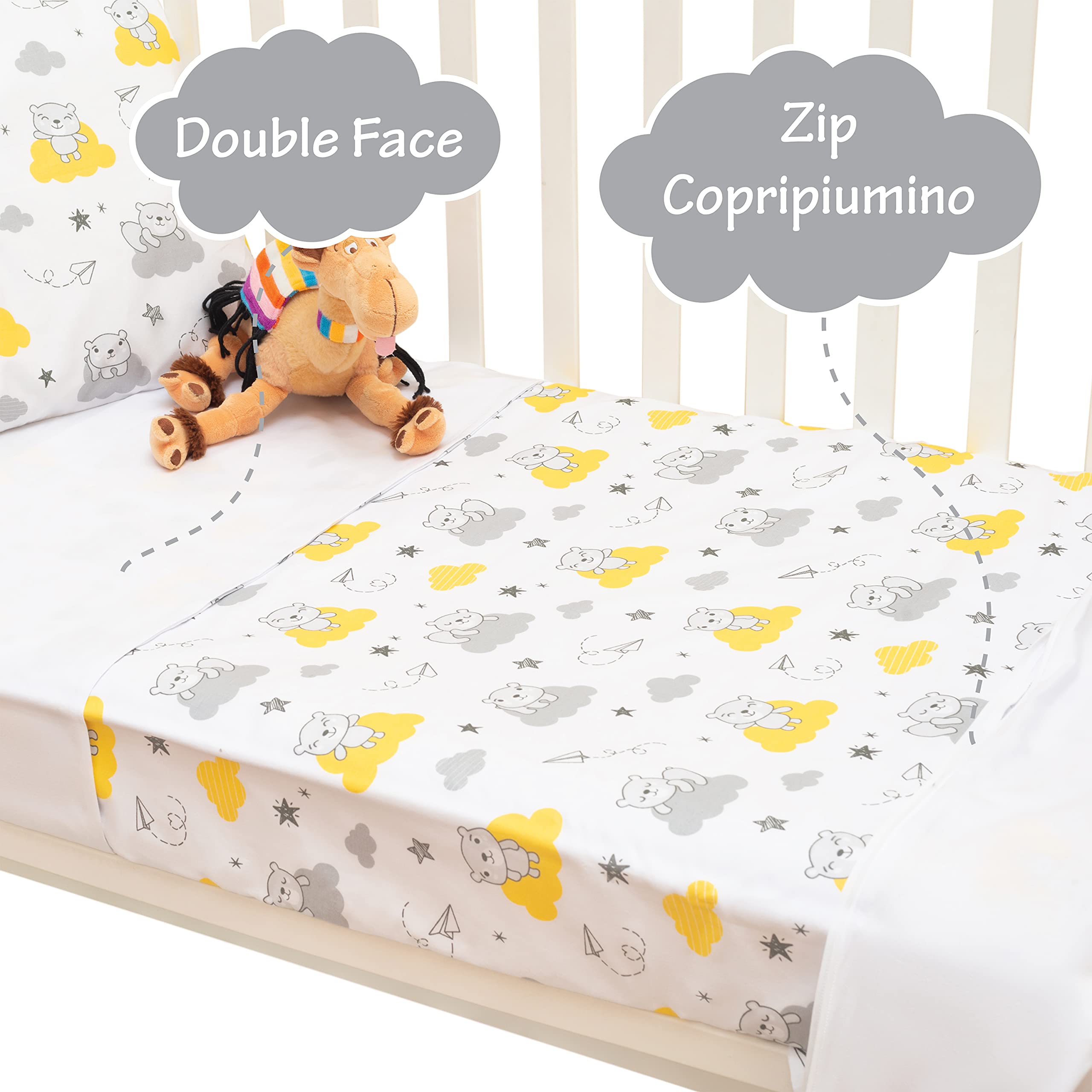 Set Lenzuola 3 Pezzi Per Lettino Neonato, 60x120 cm, 1 Lenzuolo Di Sotto Con Angoli, 1 Lenzuolo Di Sopra Copripiumino/Sacco, 1 Federa Cuscino, 100% Cotone, Nuvole