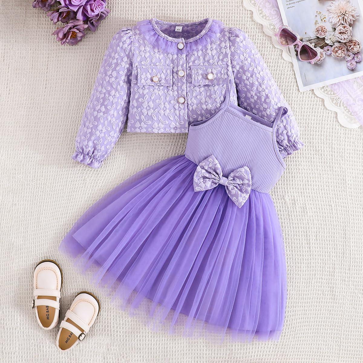Yanmucy Ragazze Abiti e Cappotto Set 2 Pezzi Textured Stampa Floreale Abiti Manica Lunga Cardigan Neonata Vestiti per 2-8 Anni
